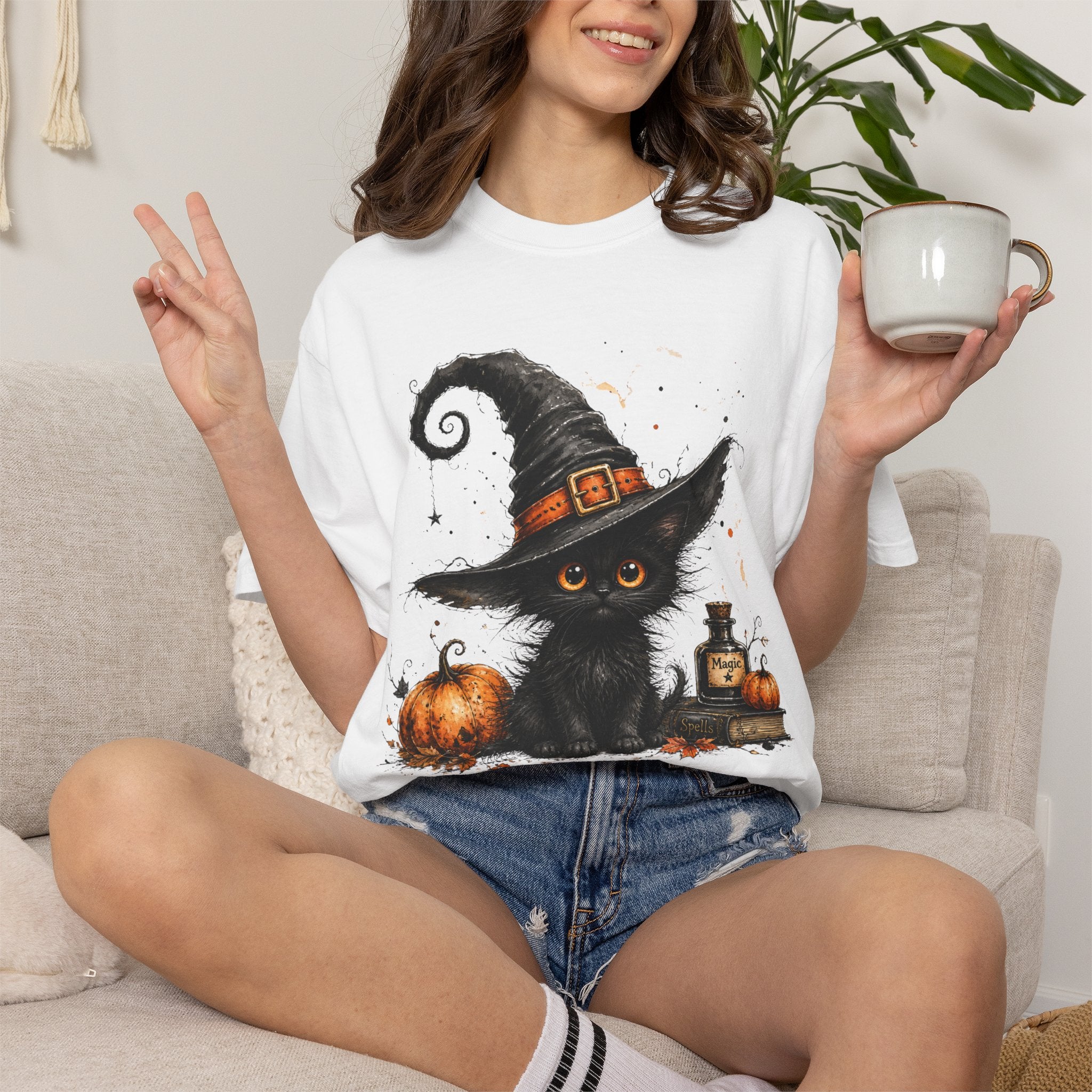 Fluffy Black Kitten Witch T-Shirt — 'Magic' Spellbook Halloween Tee