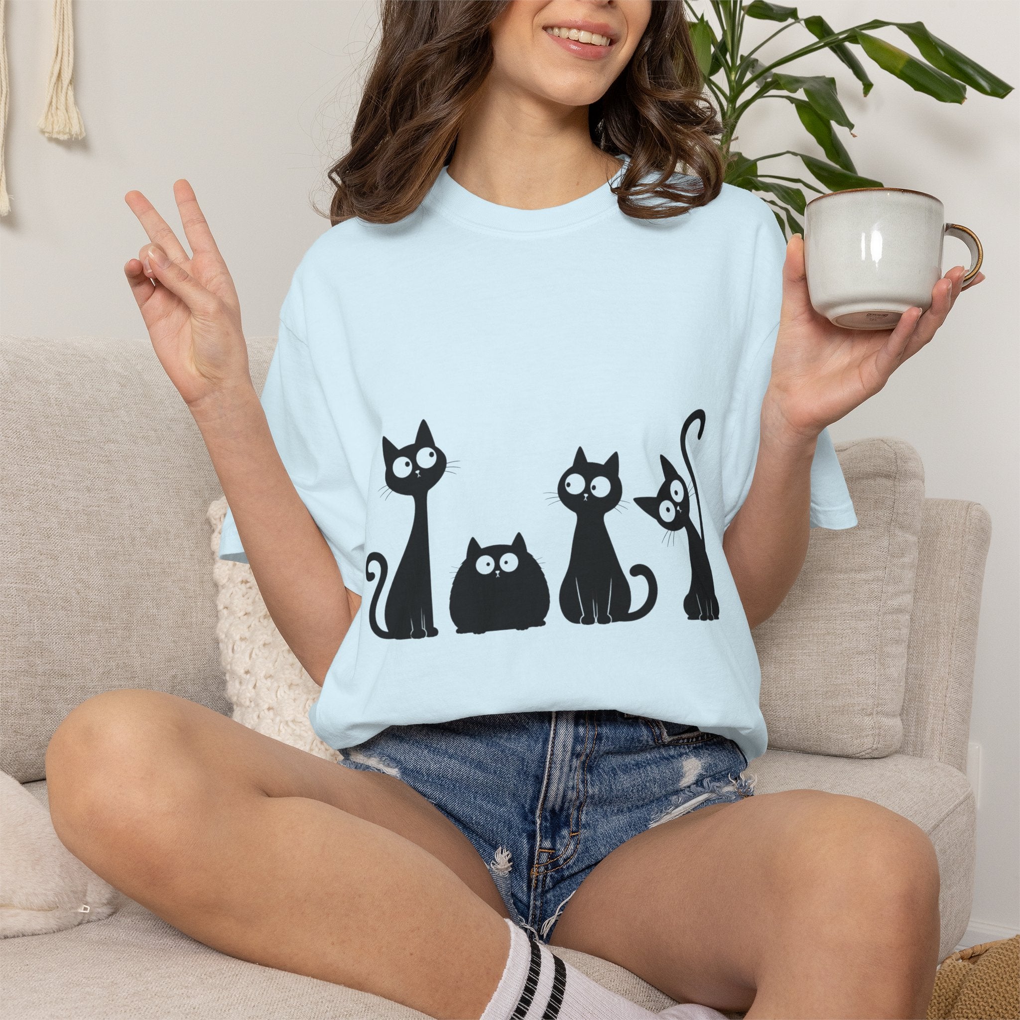 Funny Quirky Black Cats T-Shirt — Minimal Silhouette Cartoon Cat Tee