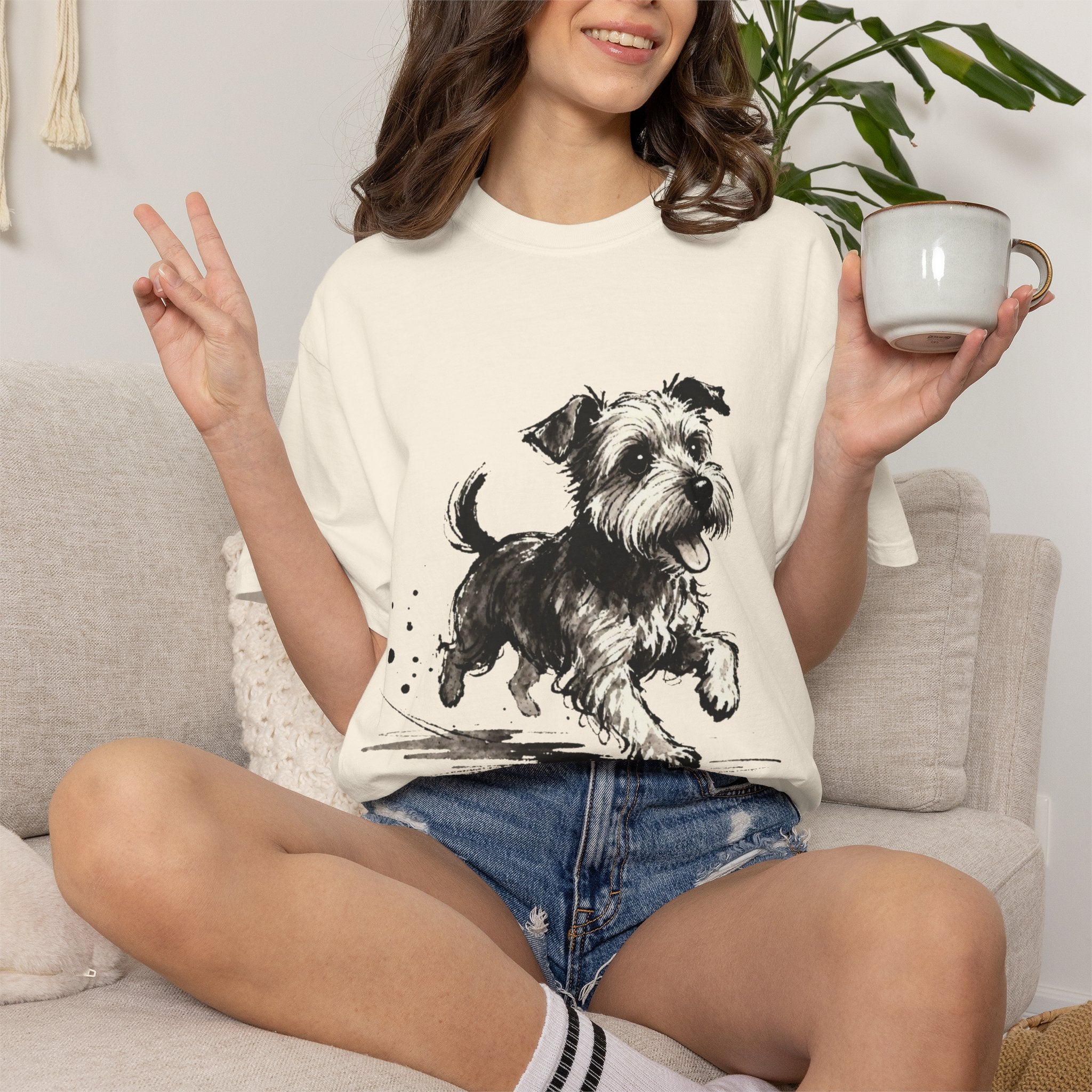 Wire‑Haired Terrier Puppy Running T-Shirt — Energetic Ink Sketch Design
