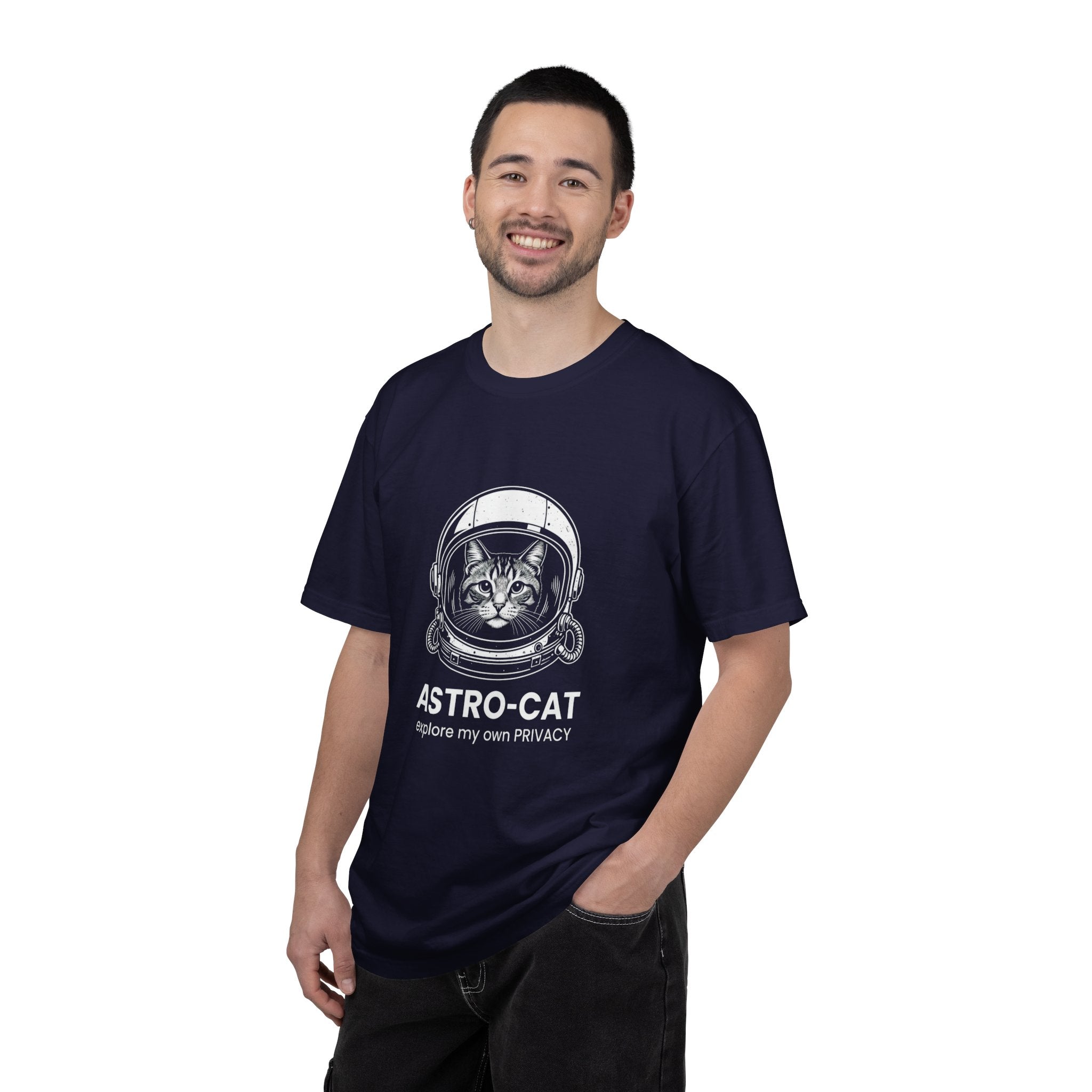 Astro-Cat Tabby Helmet T-Shirt — "explore my own PRIVACY" Retro Space Tee