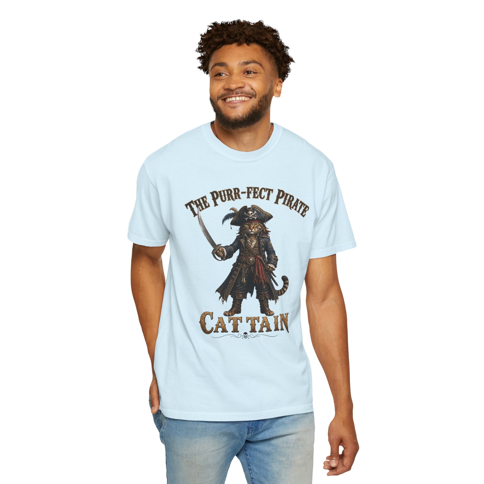 The Purr-fect Pirate Cattain T-Shirt — Tabby Cat Ship Captain Graphic