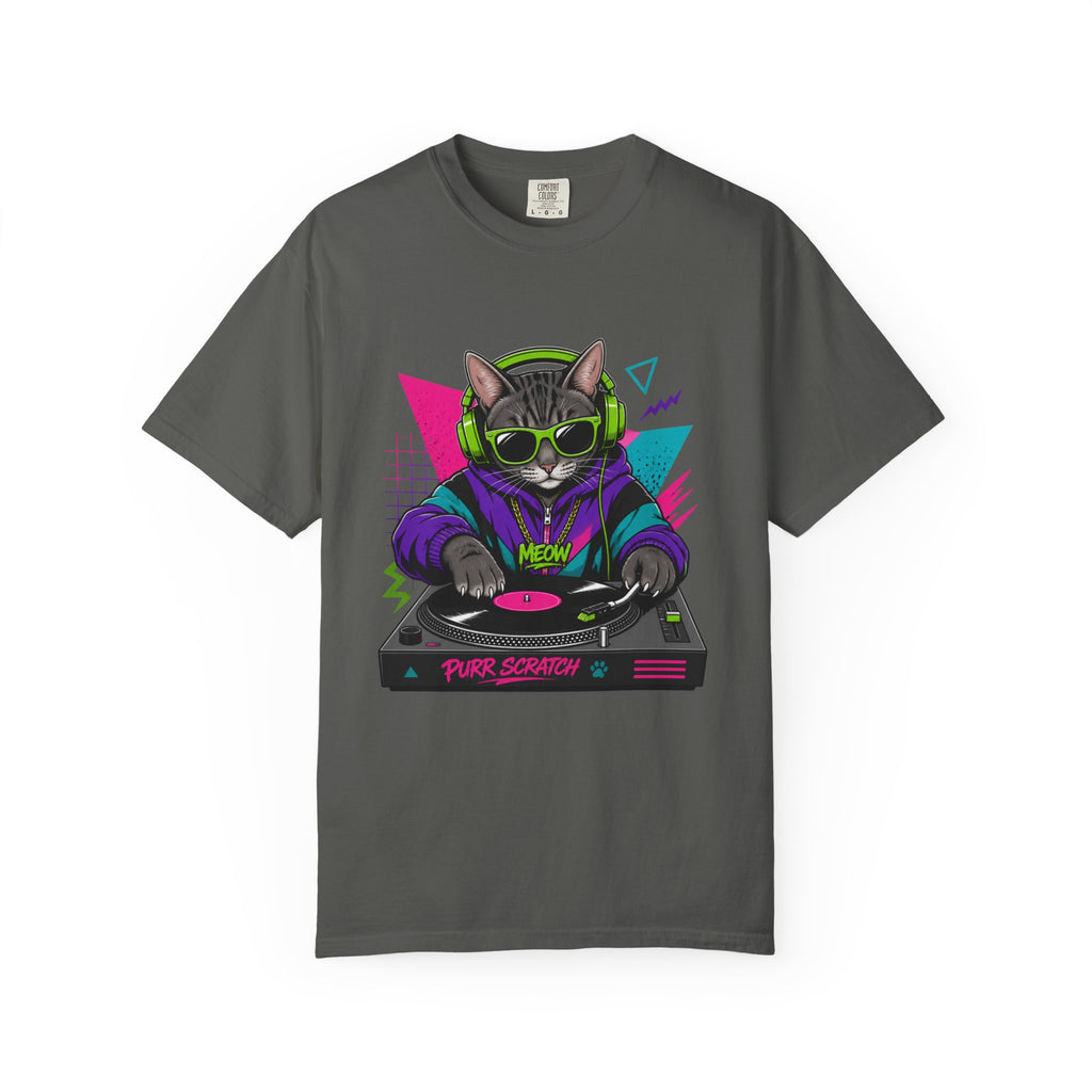 Purr Scratch DJ Cat T-Shirt — Retro 90s Neon Vinyl Graphic Tee