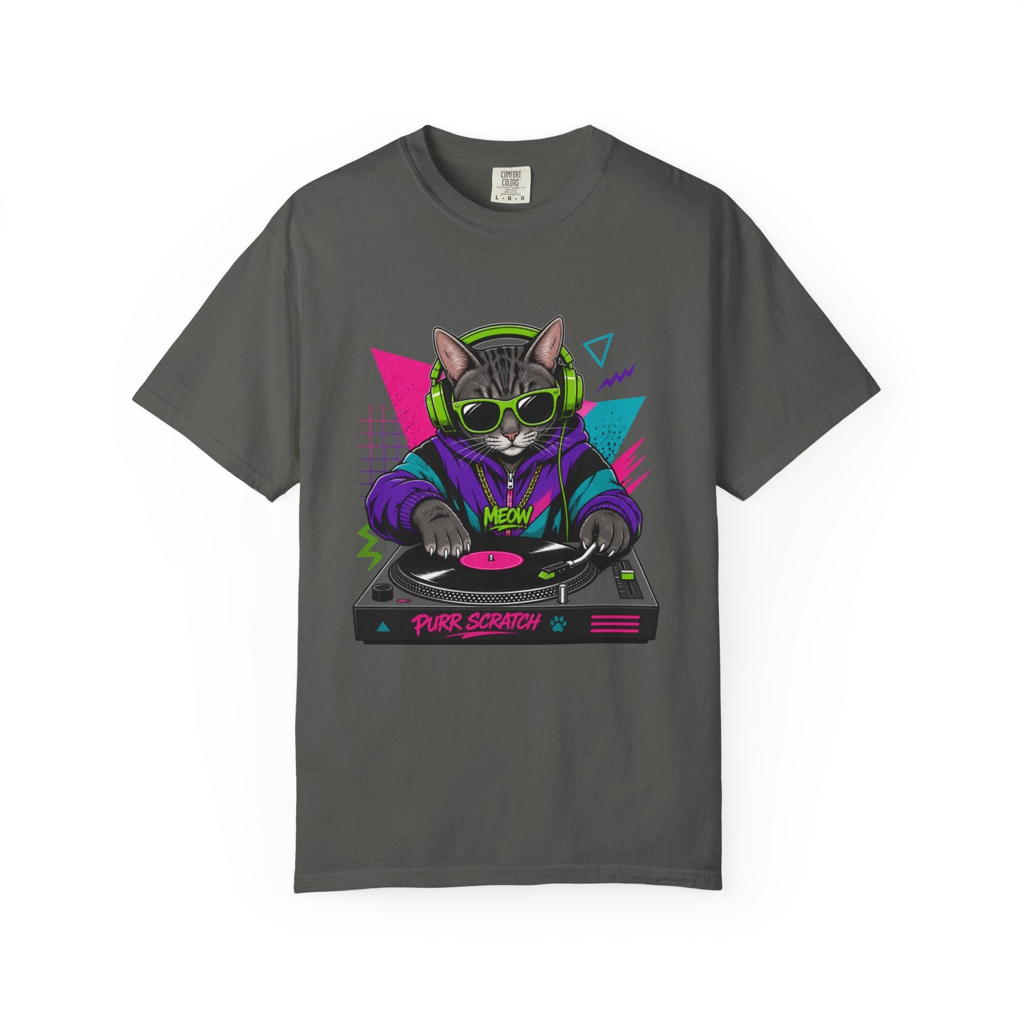 Purr Scratch DJ Cat T-Shirt — Retro 90s Neon Vinyl Graphic Tee