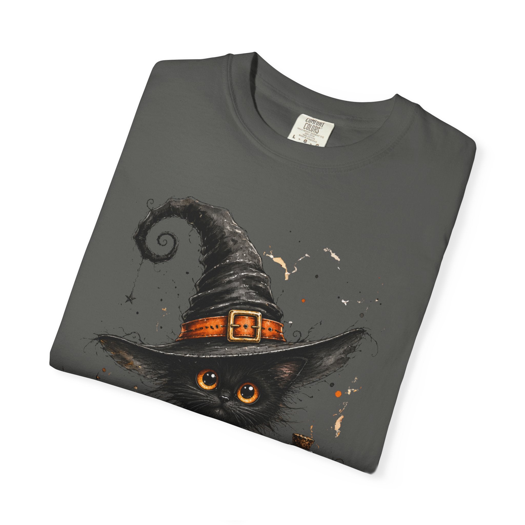 Fluffy Black Kitten Witch T-Shirt — 'Magic' Spellbook Halloween Tee