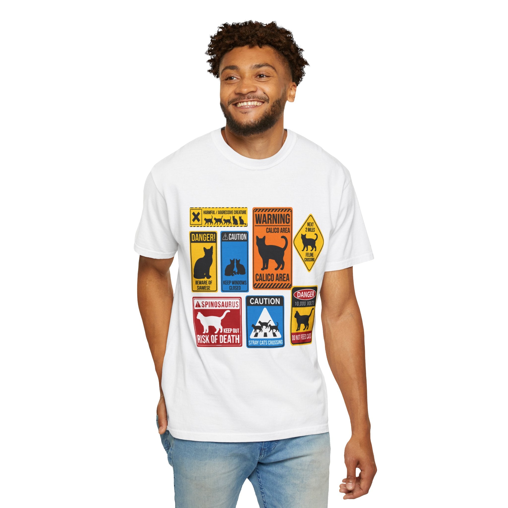 Cat Warning Signs Graphic T-Shirt — Humorous Multi-Panel Cat Hazard Tee