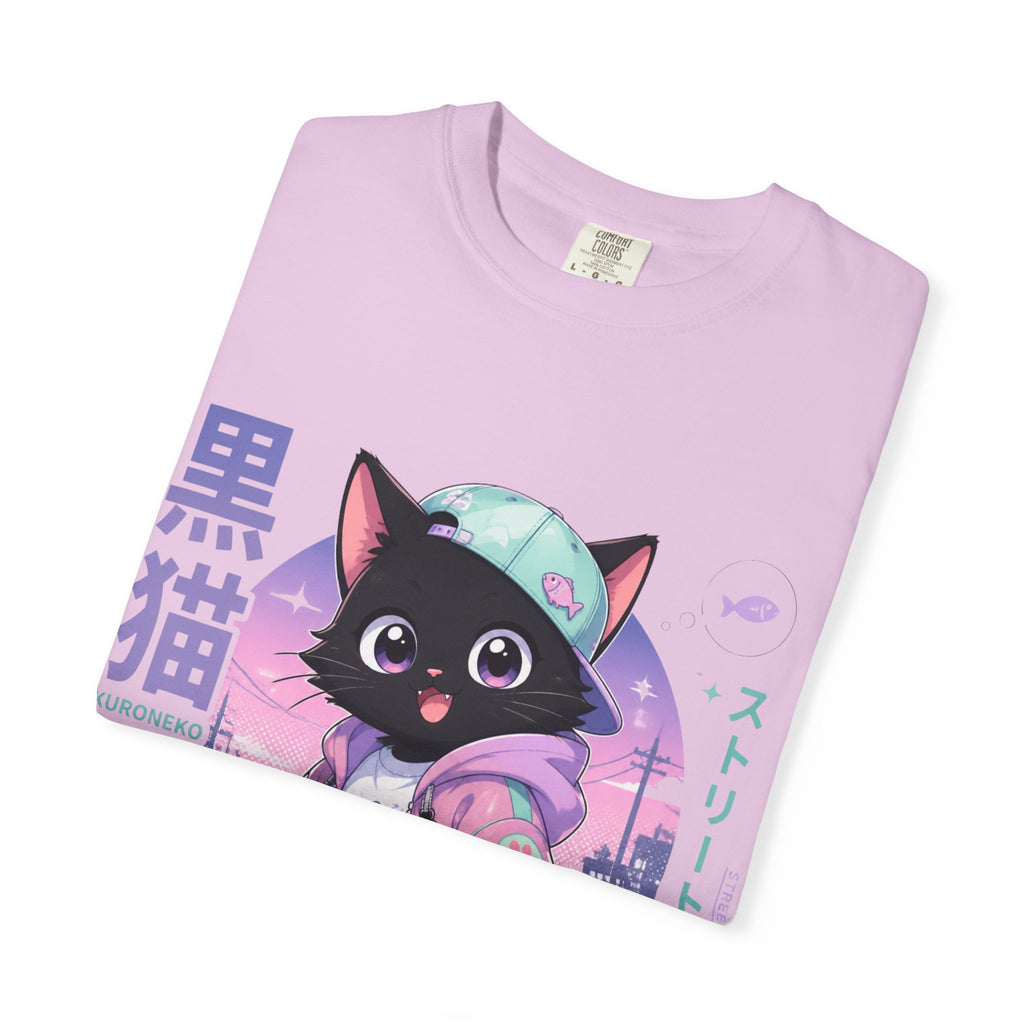 Chibi Black Cat Streetwear T-Shirt — Pastel Anime Cityscape (Kanji Accent)