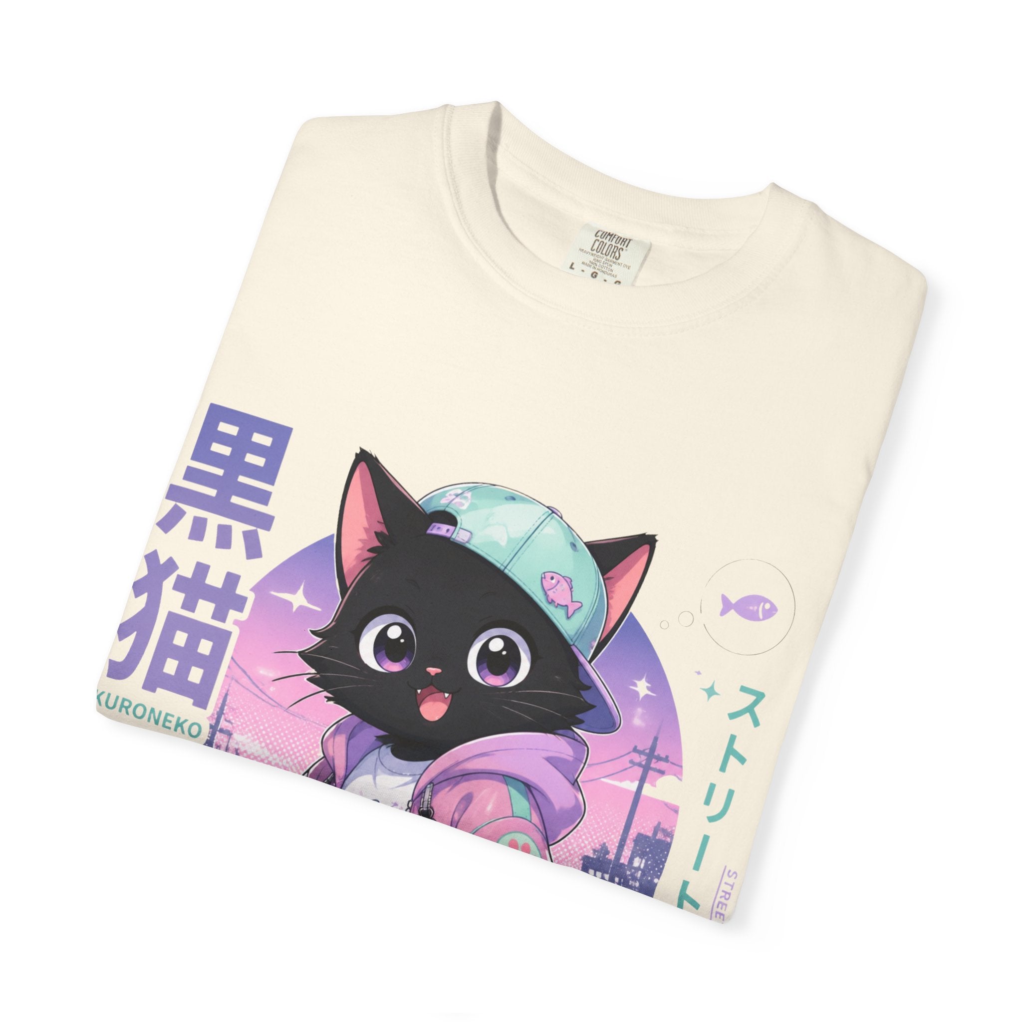 Chibi Black Cat Streetwear T-Shirt — Pastel Anime Cityscape (Kanji Accent)