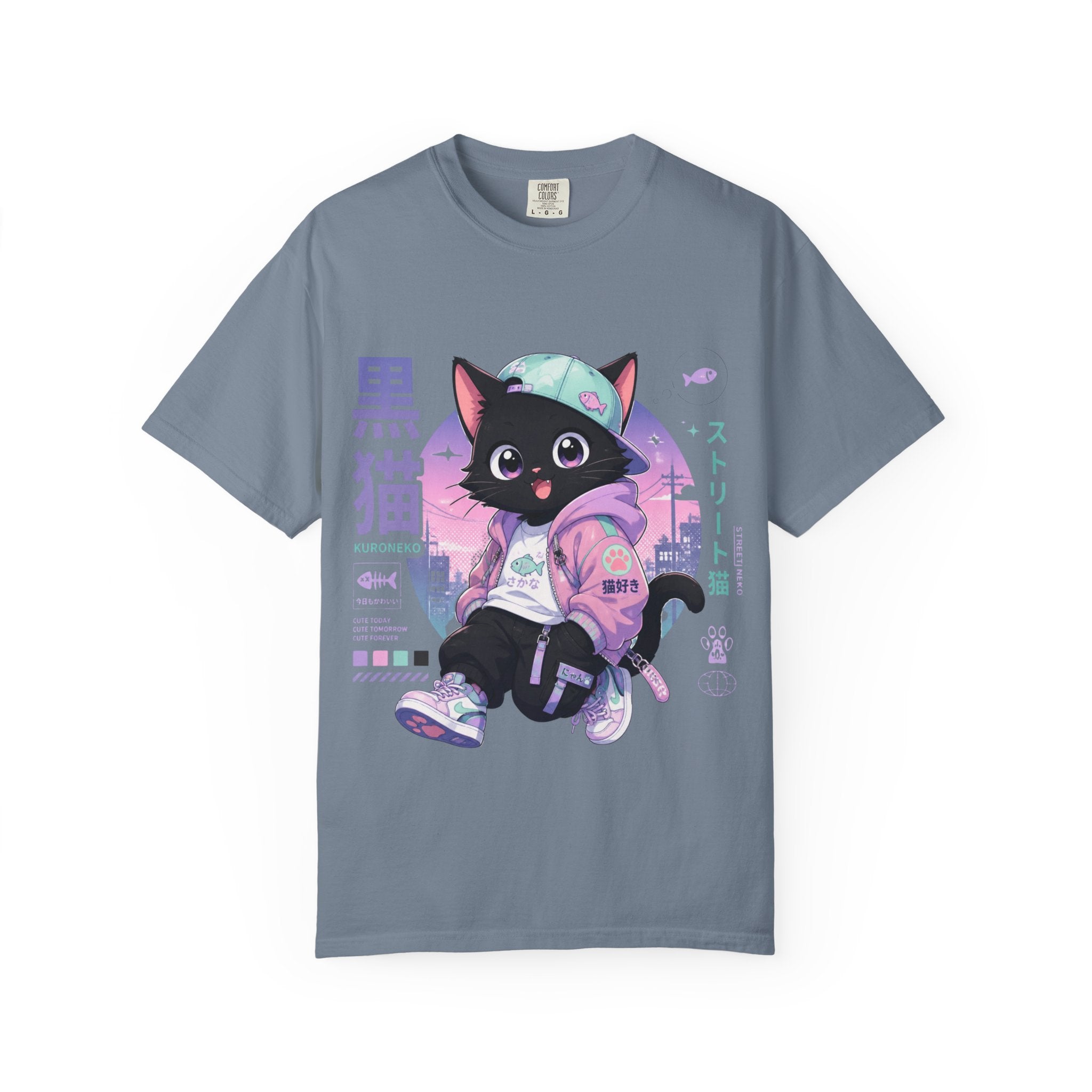Chibi Black Cat Streetwear T-Shirt — Pastel Anime Cityscape (Kanji Accent)