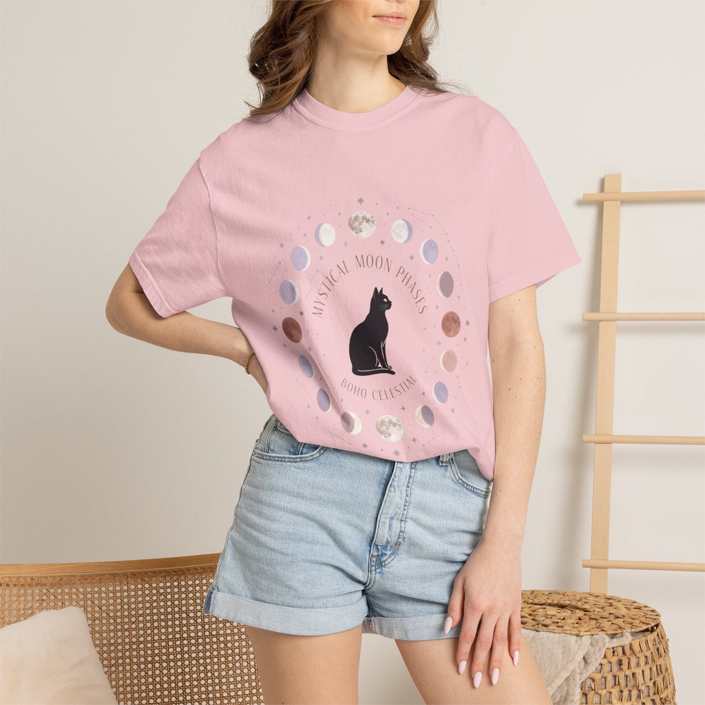 Mystical Moon Phases Boho Celestial T-Shirt — Black Cat Moon Phase Design