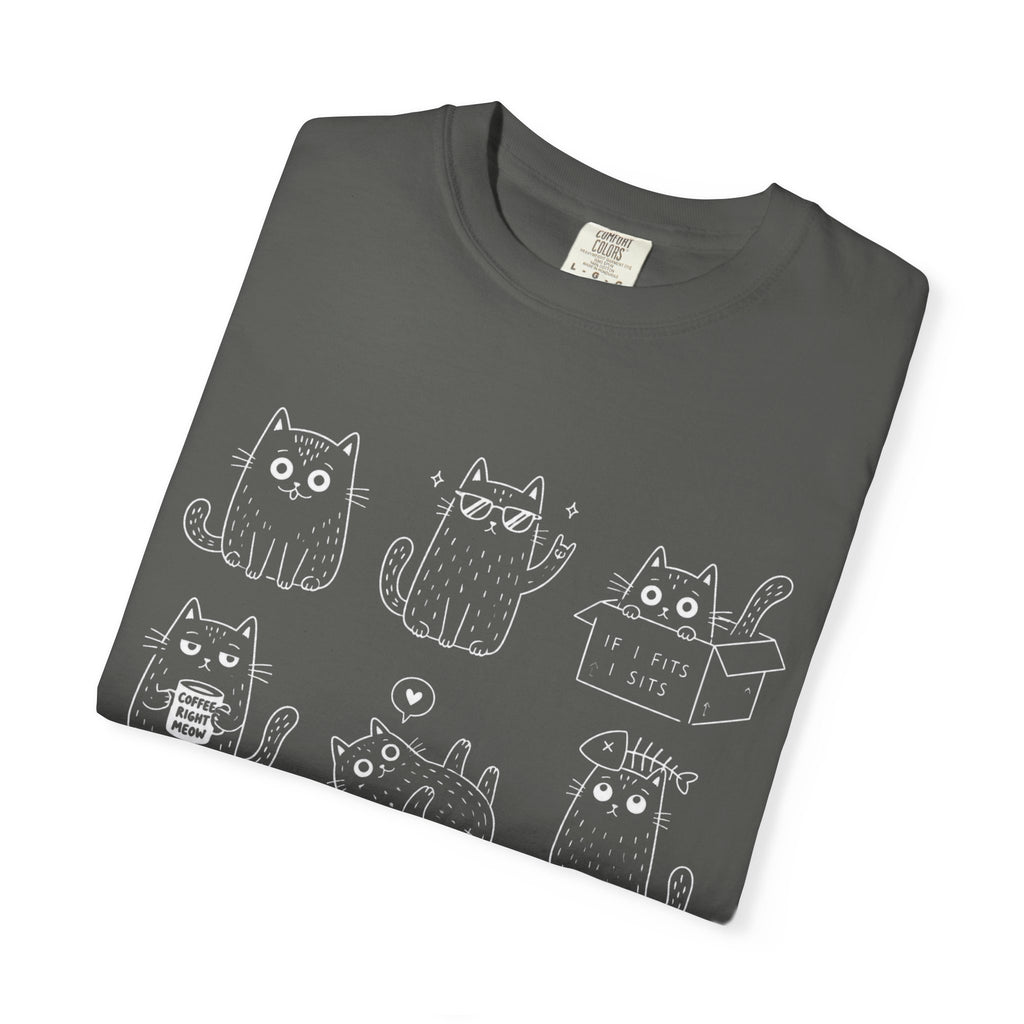 Cute Cats 3x3 Line Art T-Shirt — Funny Cat Doodles ("IF I FITS I SITS", "COFFEE RIGHT MEOW")