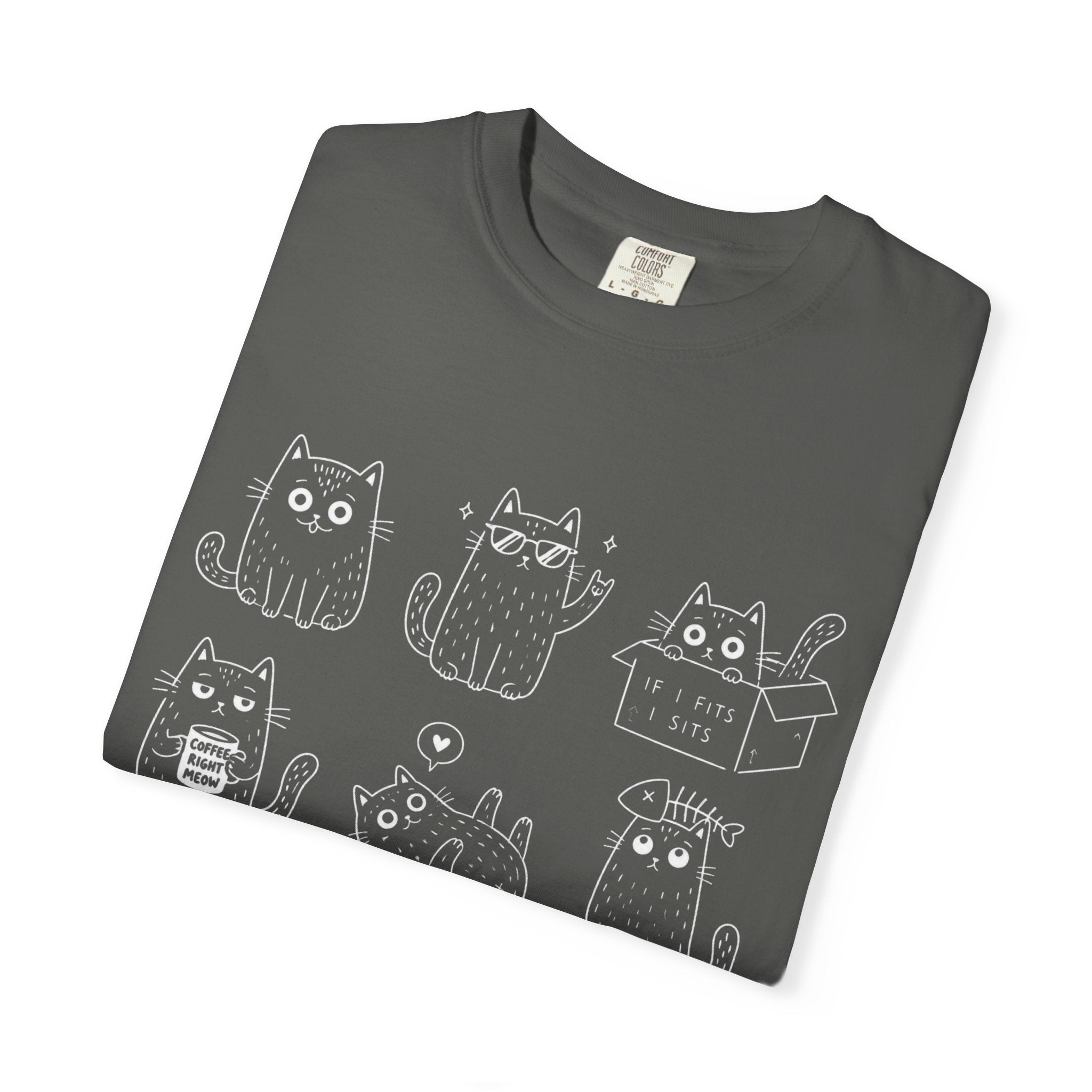 Cute Cats 3x3 Line Art T-Shirt — Funny Cat Doodles ("IF I FITS I SITS", "COFFEE RIGHT MEOW")