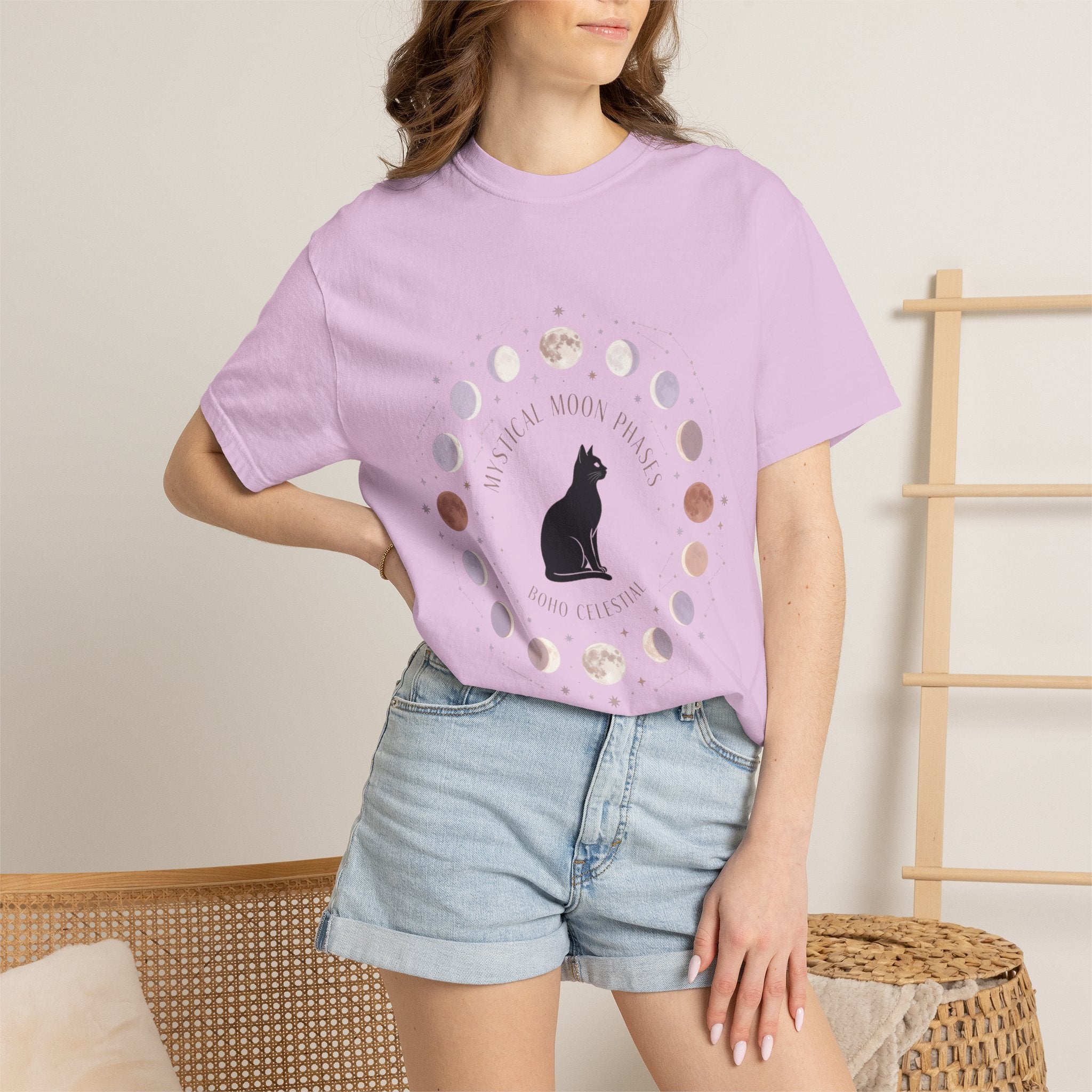 Mystical Moon Phases Boho Celestial T-Shirt — Black Cat Moon Phase Design