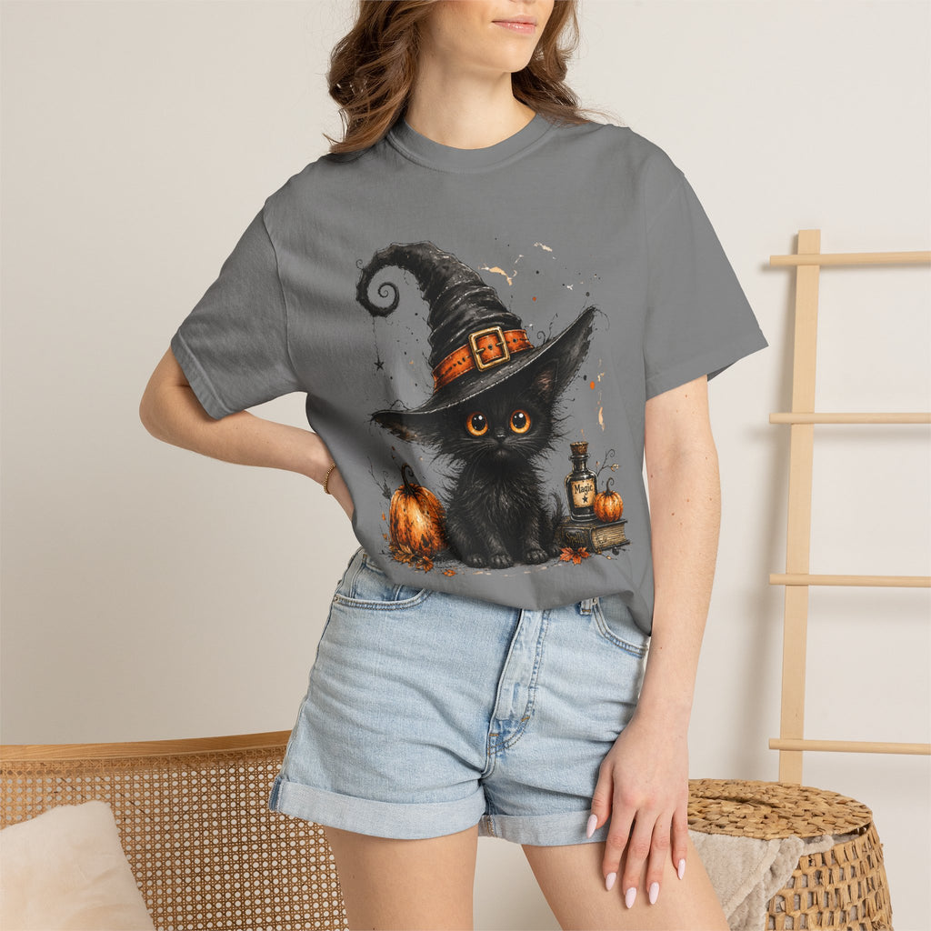 Fluffy Black Kitten Witch T-Shirt — 'Magic' Spellbook Halloween Tee
