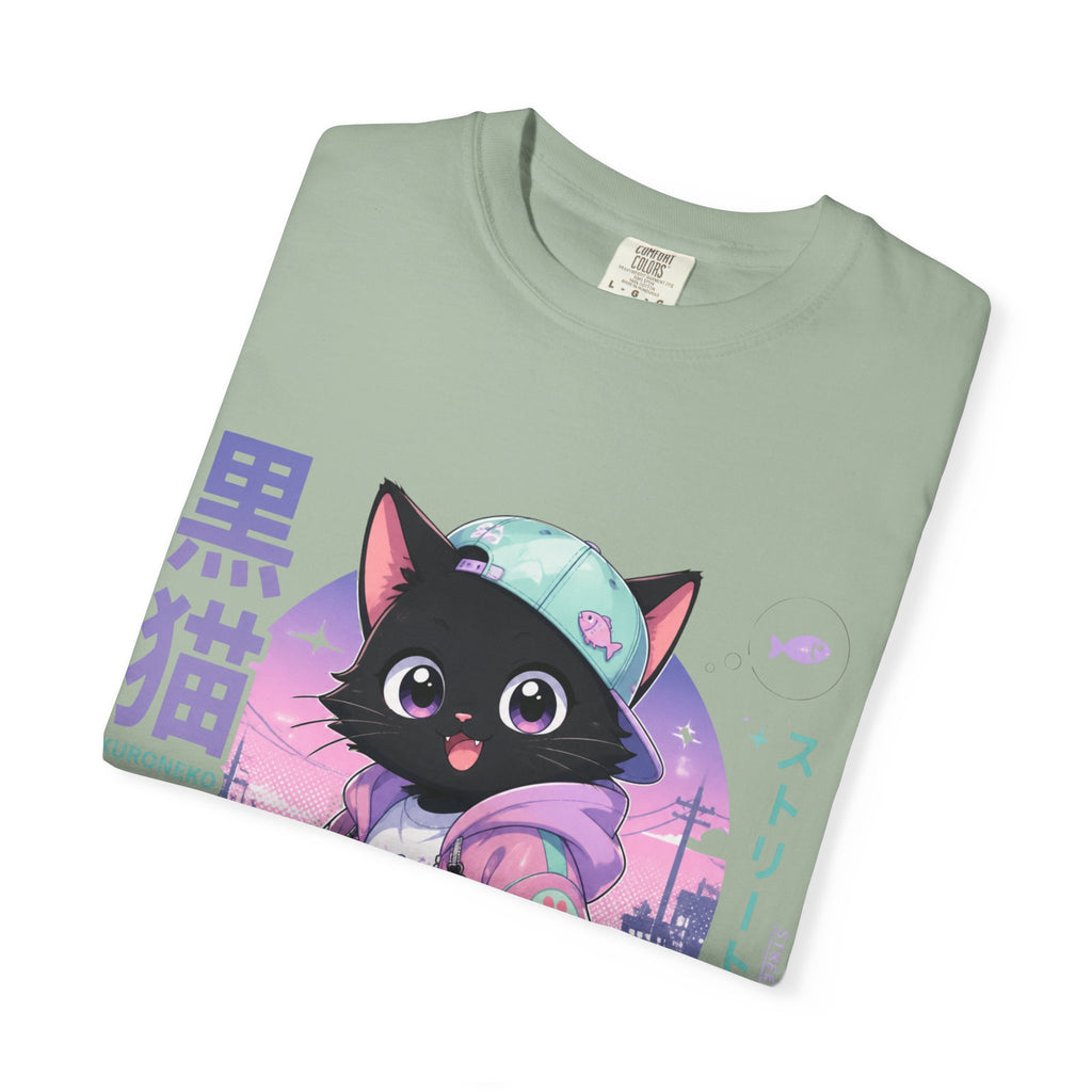 Chibi Black Cat Streetwear T-Shirt — Pastel Anime Cityscape (Kanji Accent)