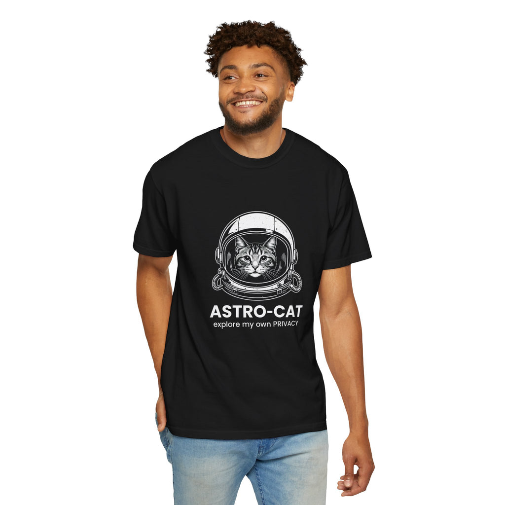 Astro-Cat Tabby Helmet T-Shirt — "explore my own PRIVACY" Retro Space Tee