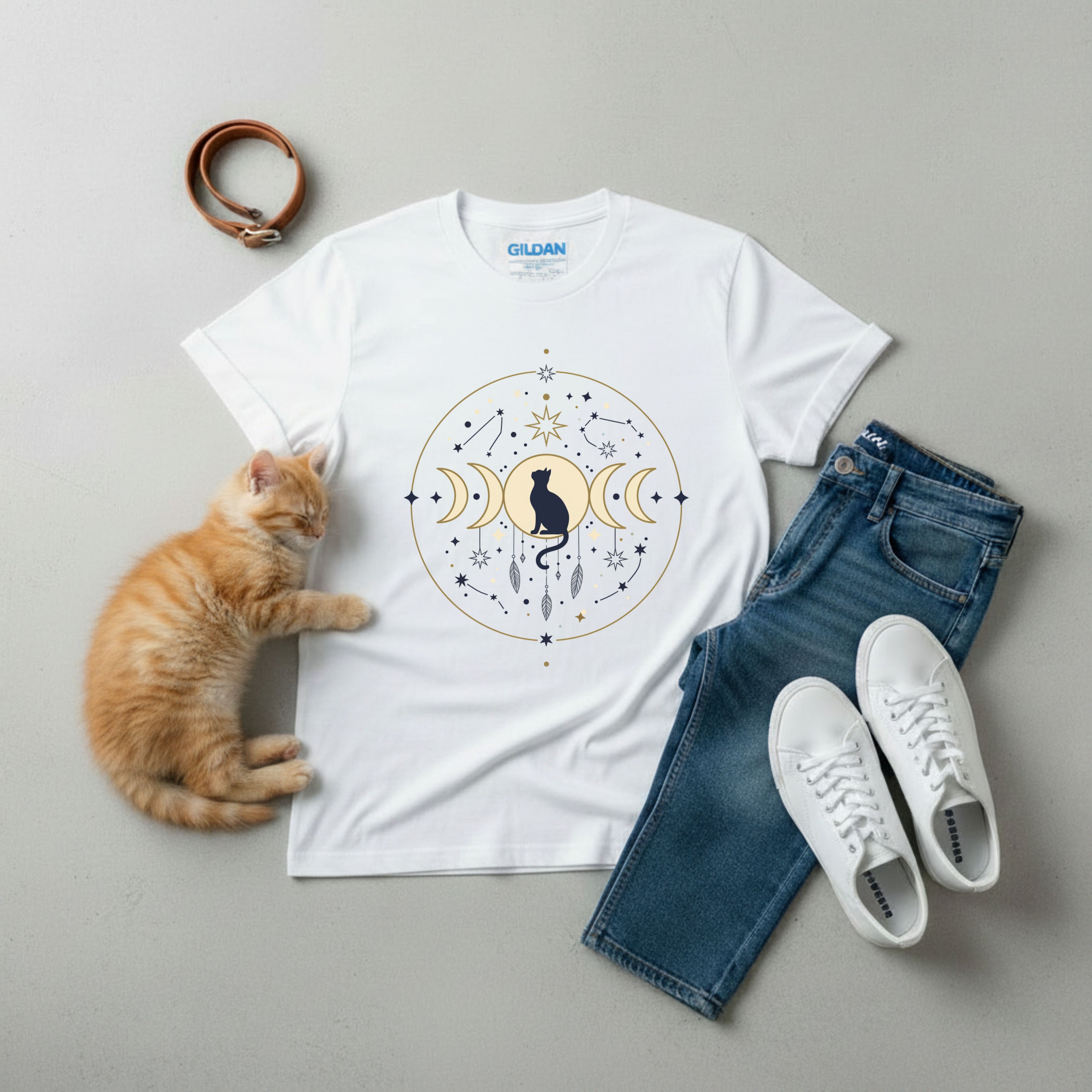 Celestial Cat Moon Phases T-Shirt — Gold & Black Cat Astronomy Tee