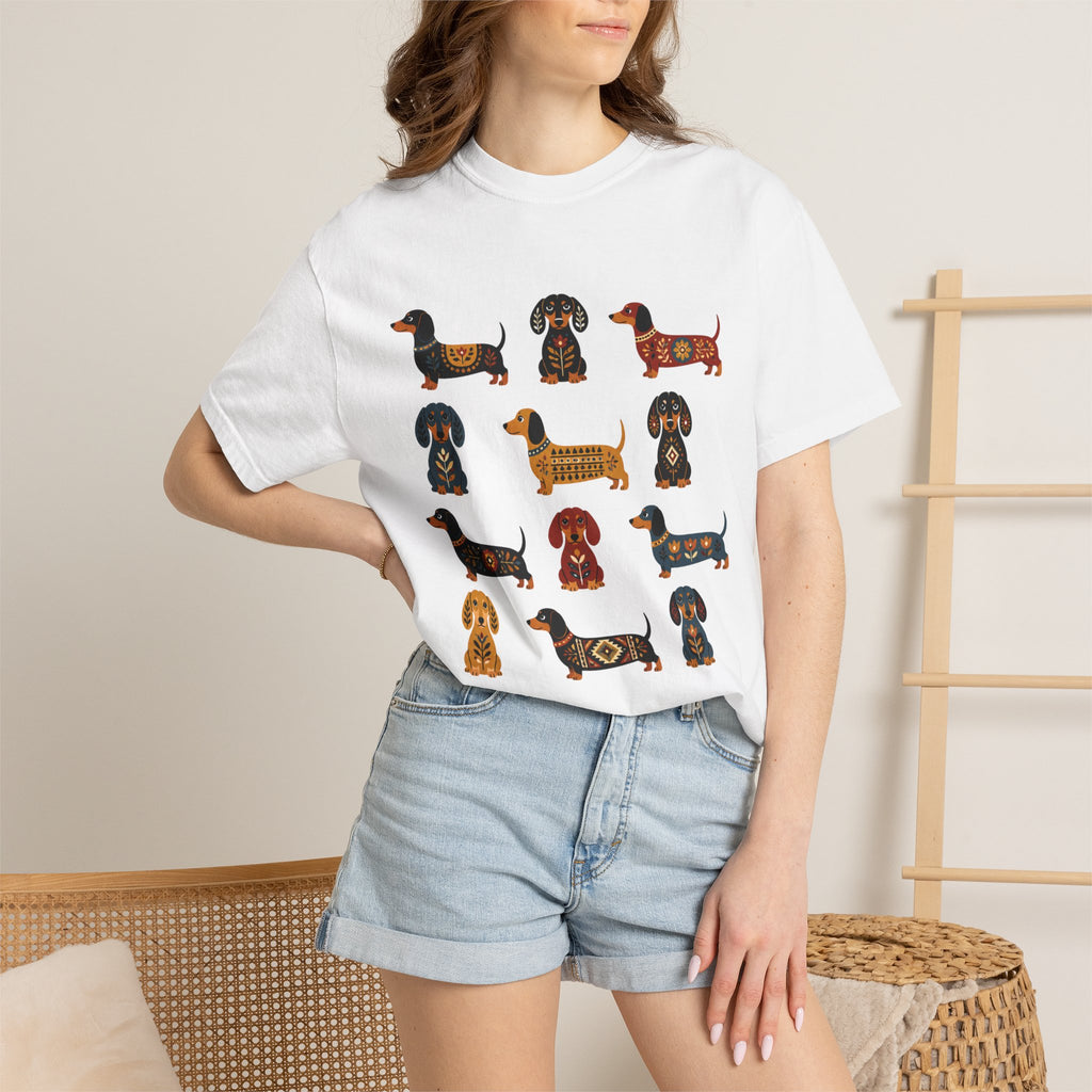 Dachshund Folk Art T-Shirt — 12 Nordic Pattern Wiener Dogs