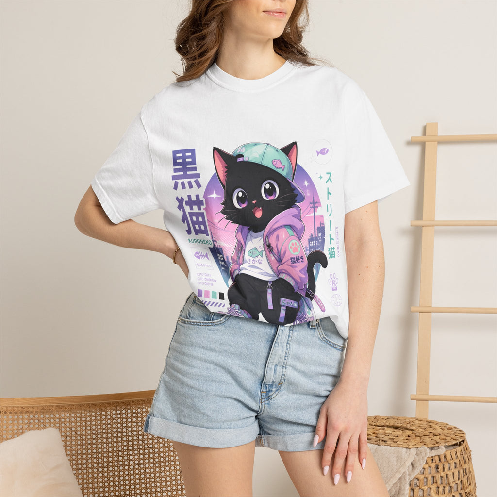 Chibi Black Cat Streetwear T-Shirt — Pastel Anime Cityscape (Kanji Accent)