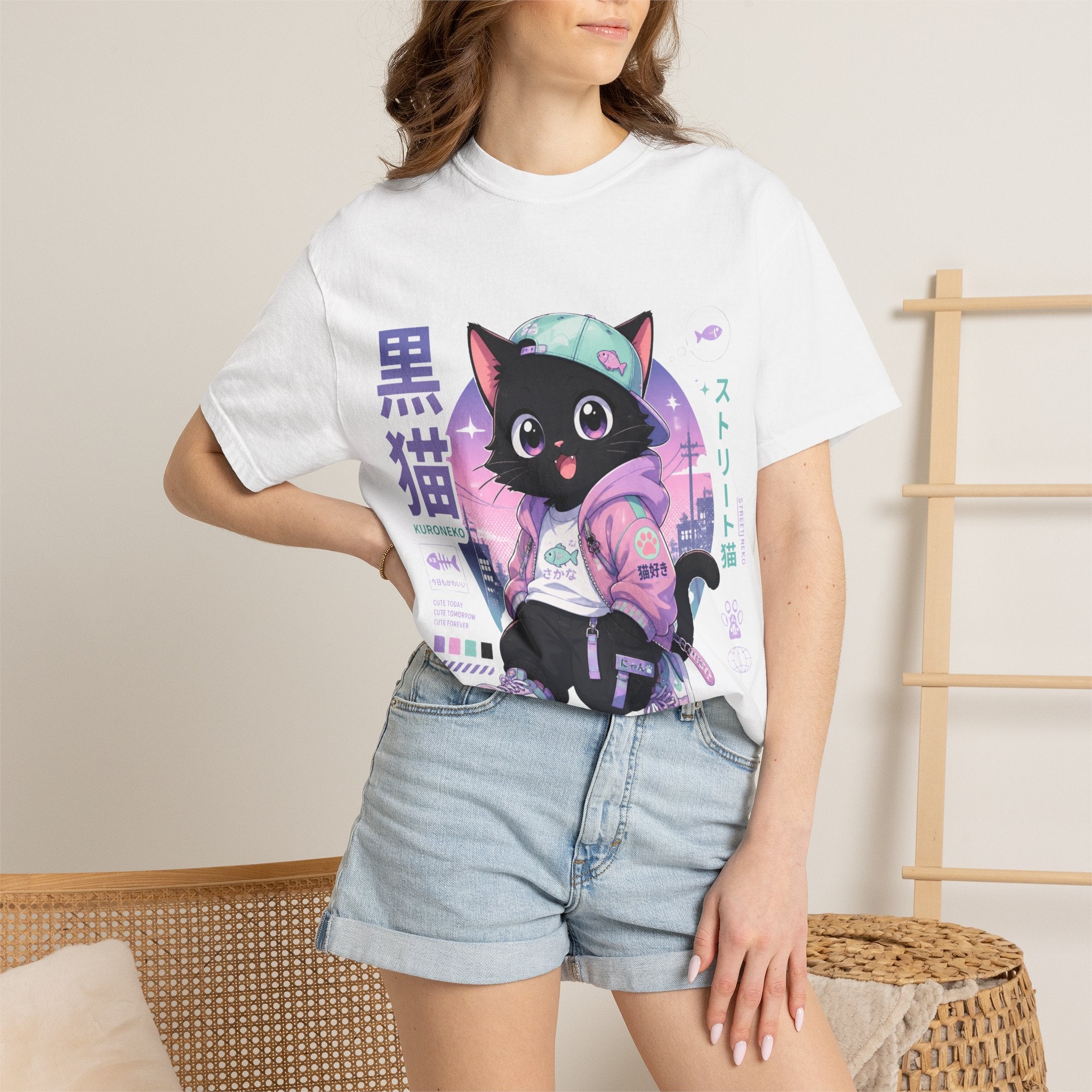 Chibi Black Cat Streetwear T-Shirt — Pastel Anime Cityscape (Kanji Accent)