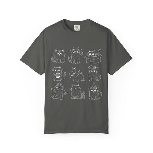 Cute Cats 3x3 Line Art T-Shirt — Funny Cat Doodles ("IF I FITS I SITS", "COFFEE RIGHT MEOW")