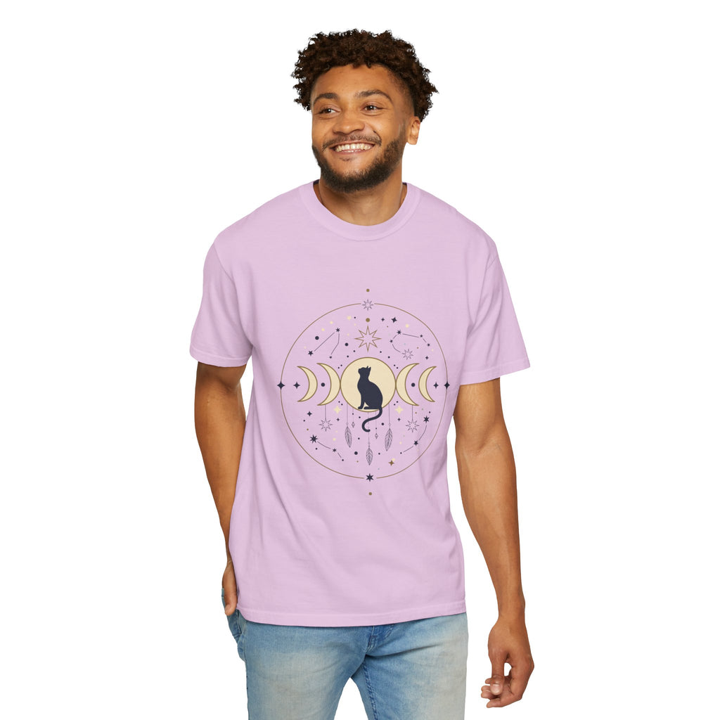 Celestial Cat Moon Phases T-Shirt — Gold & Black Cat Astronomy Tee