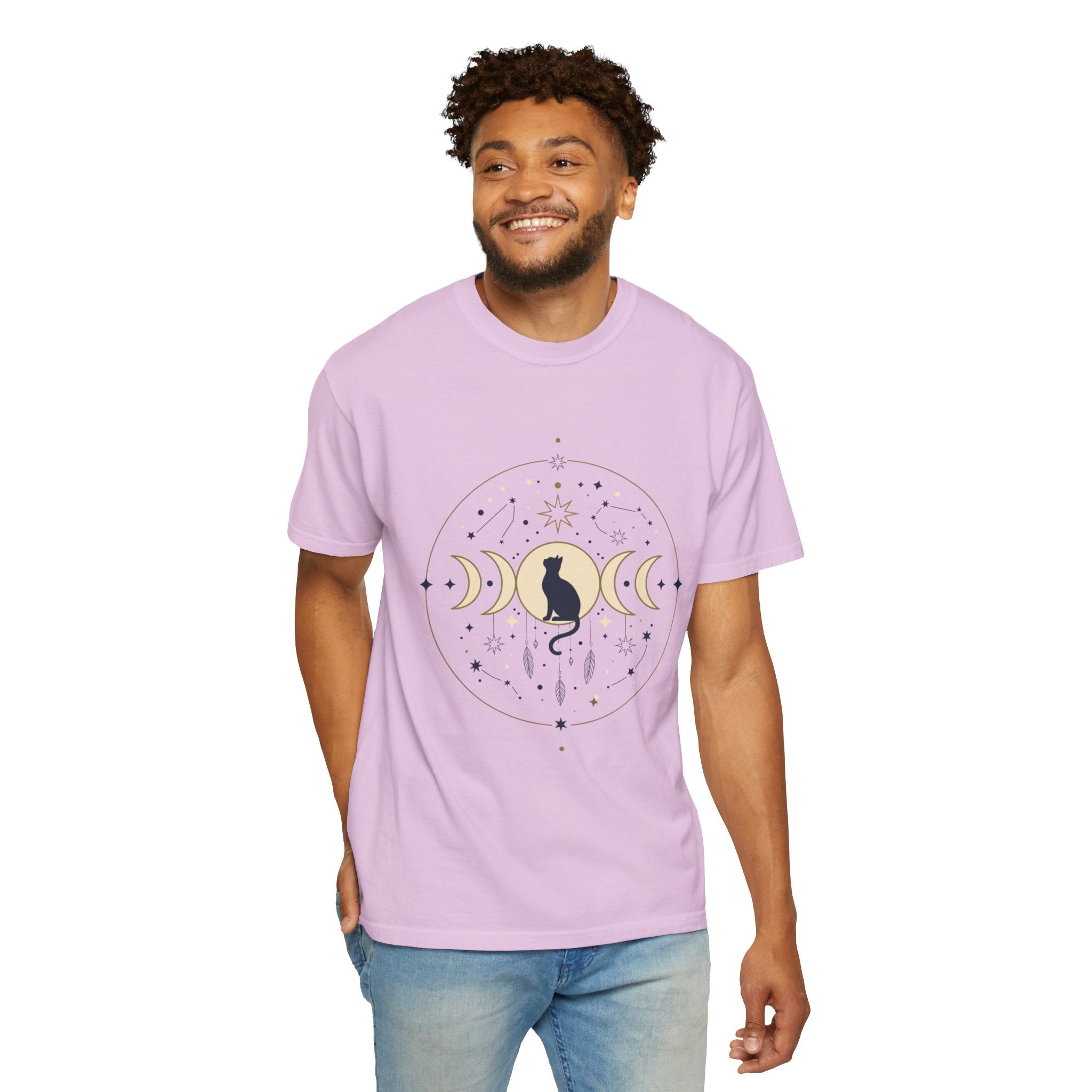 Celestial Cat Moon Phases T-Shirt — Gold & Black Cat Astronomy Tee