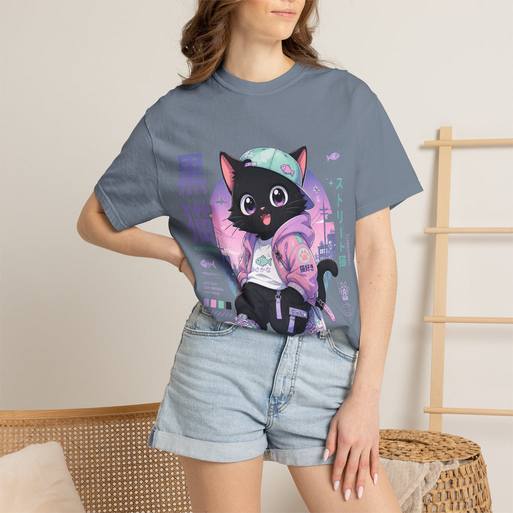 Chibi Black Cat Streetwear T-Shirt — Pastel Anime Cityscape (Kanji Accent)