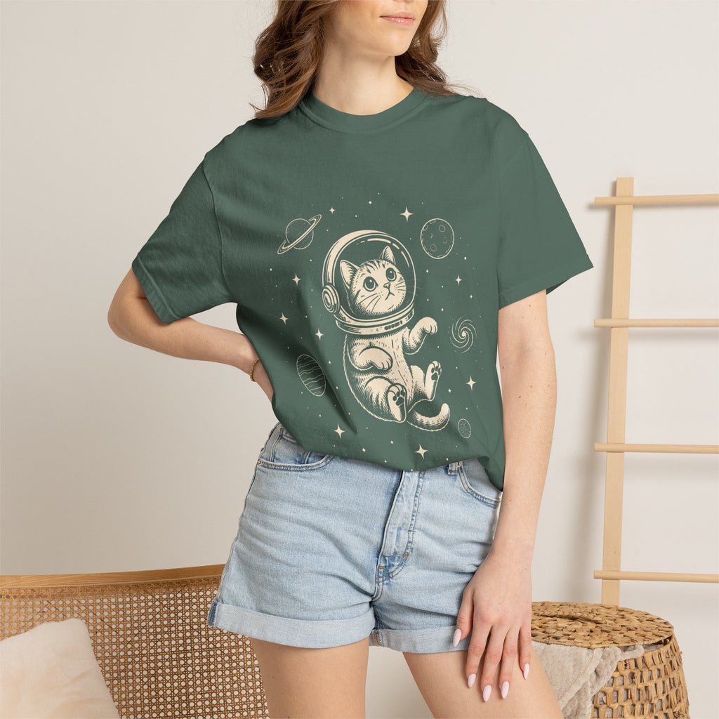 Tabby Astronaut Kitten T-Shirt — Whimsical Space Cat Line Art