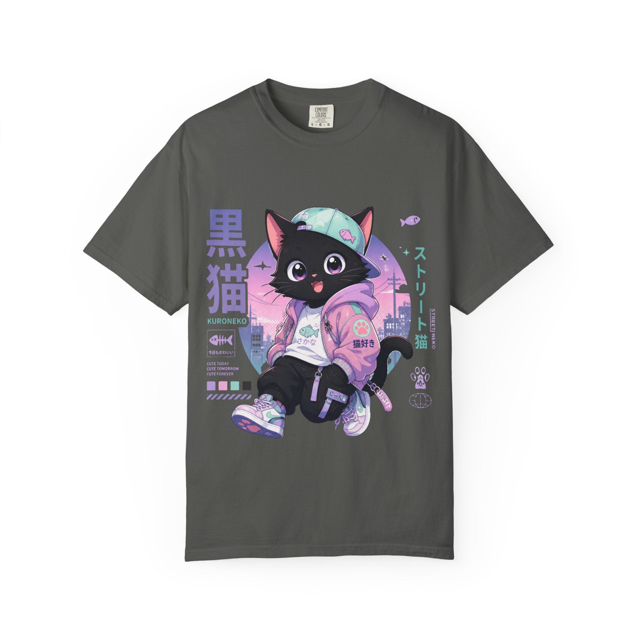 Chibi Black Cat Streetwear T-Shirt — Pastel Anime Cityscape (Kanji Accent)