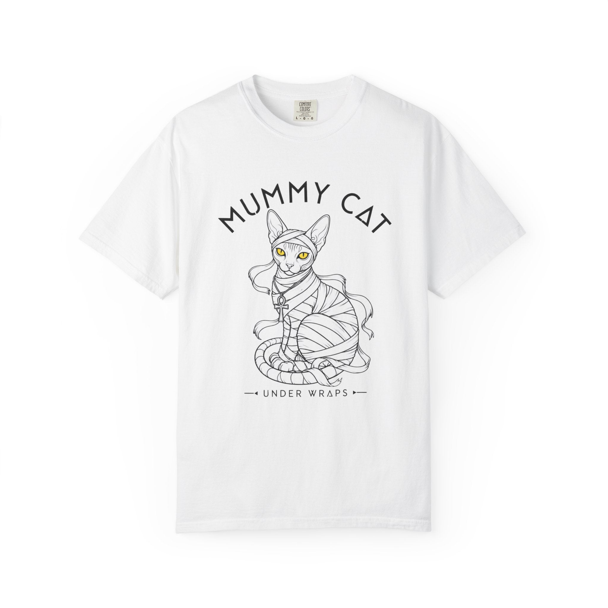 Mummy Cat T-Shirt — Sphynx Mummy Cat with Ankh, "UNDER WRAPS"