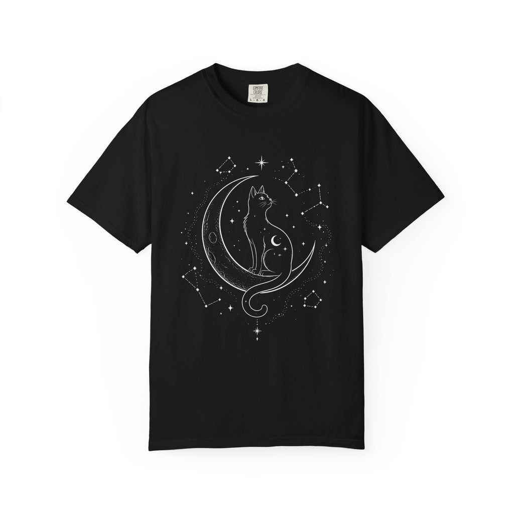 Mystical Crescent Moon Cat T-Shirt — Celestial Black Cat Night Sky Design