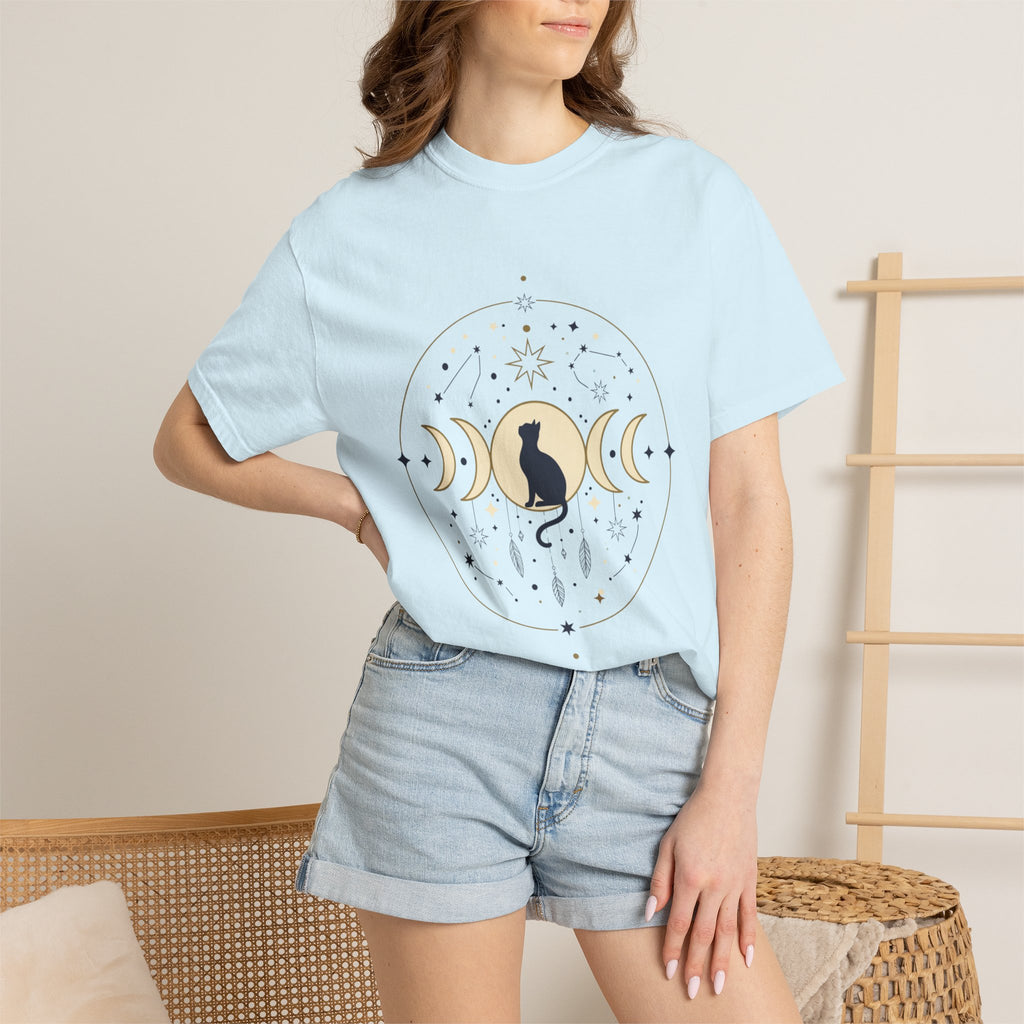Celestial Cat Moon Phases T-Shirt — Gold & Black Cat Astronomy Tee