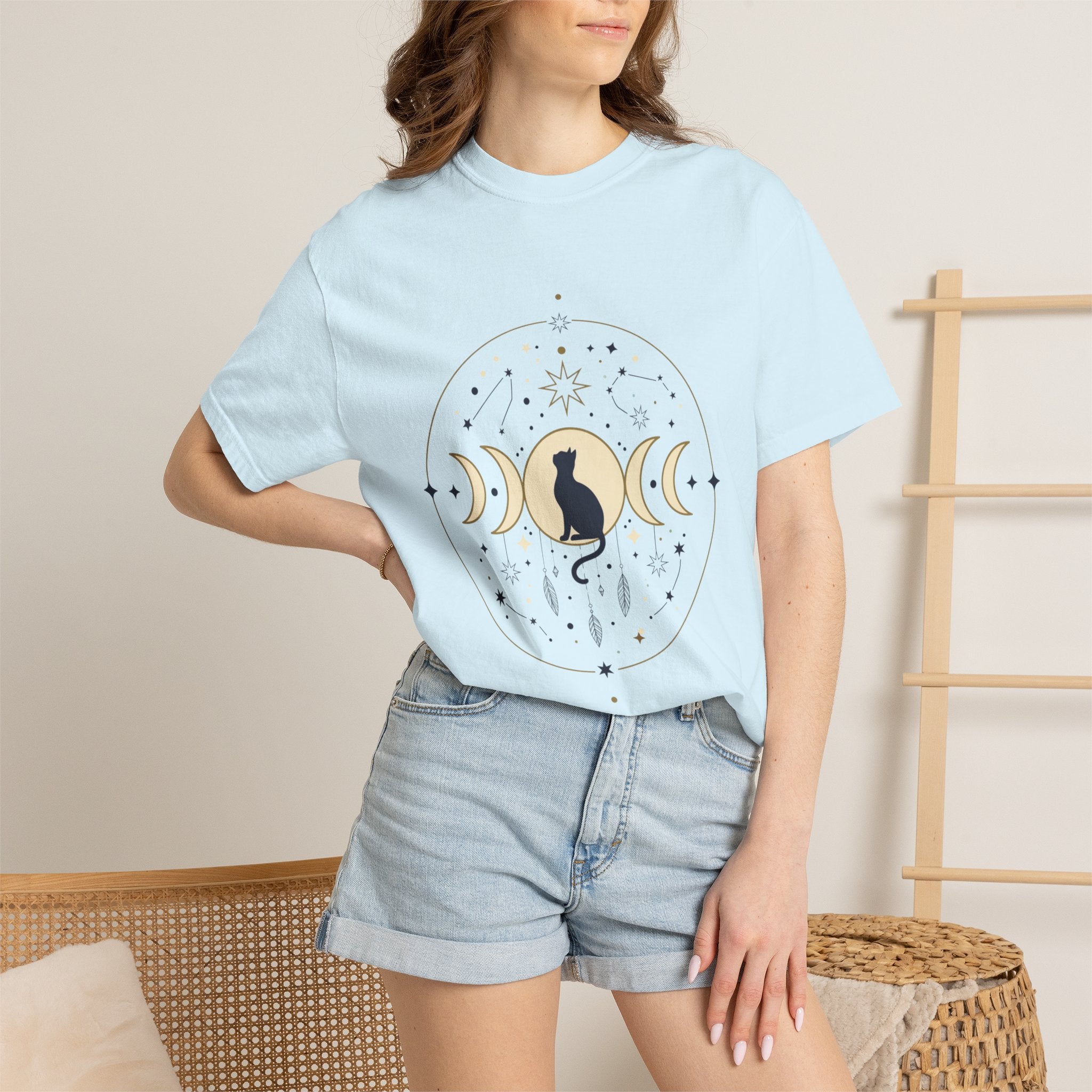Celestial Cat Moon Phases T-Shirt — Gold & Black Cat Astronomy Tee