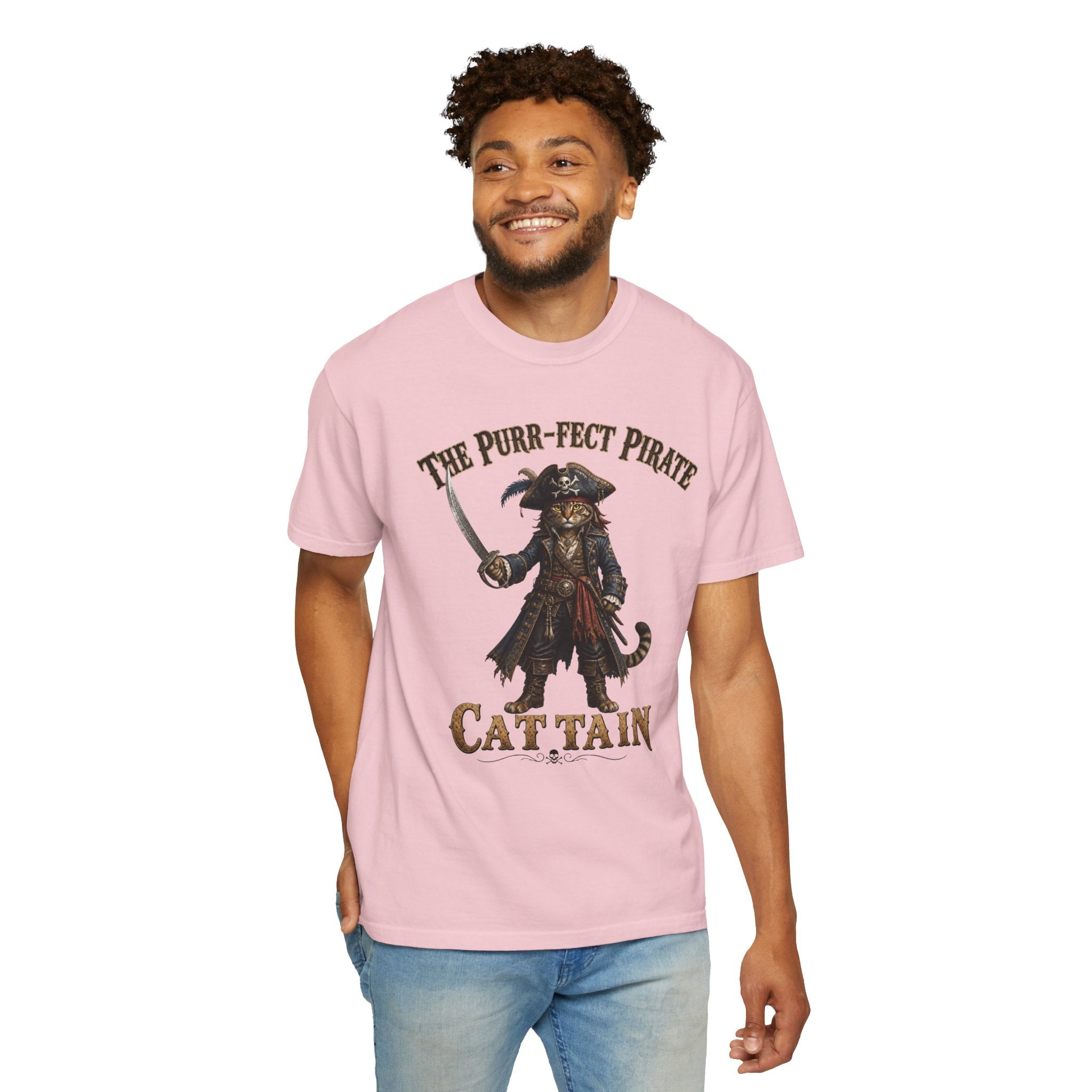 The Purr-fect Pirate Cattain T-Shirt — Tabby Cat Ship Captain Graphic