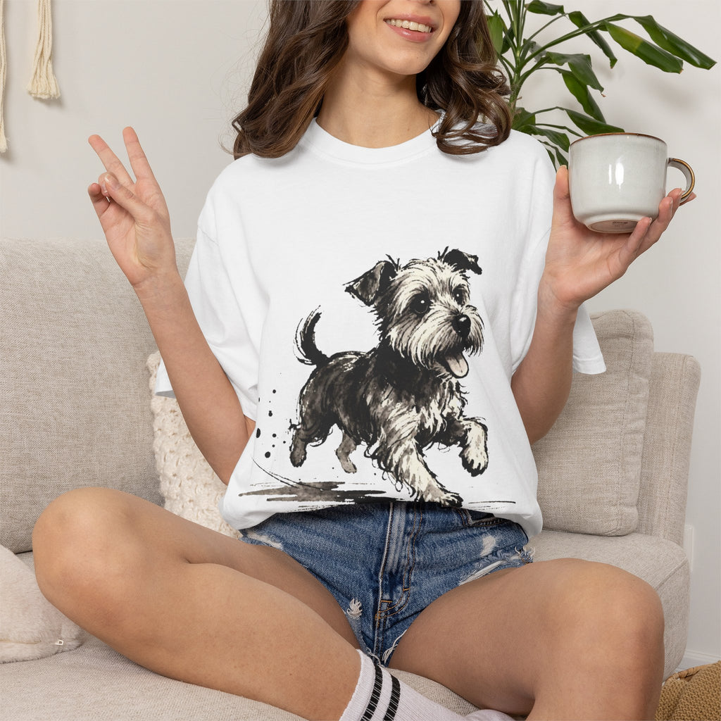 Wire‑Haired Terrier Puppy Running T-Shirt — Energetic Ink Sketch Design