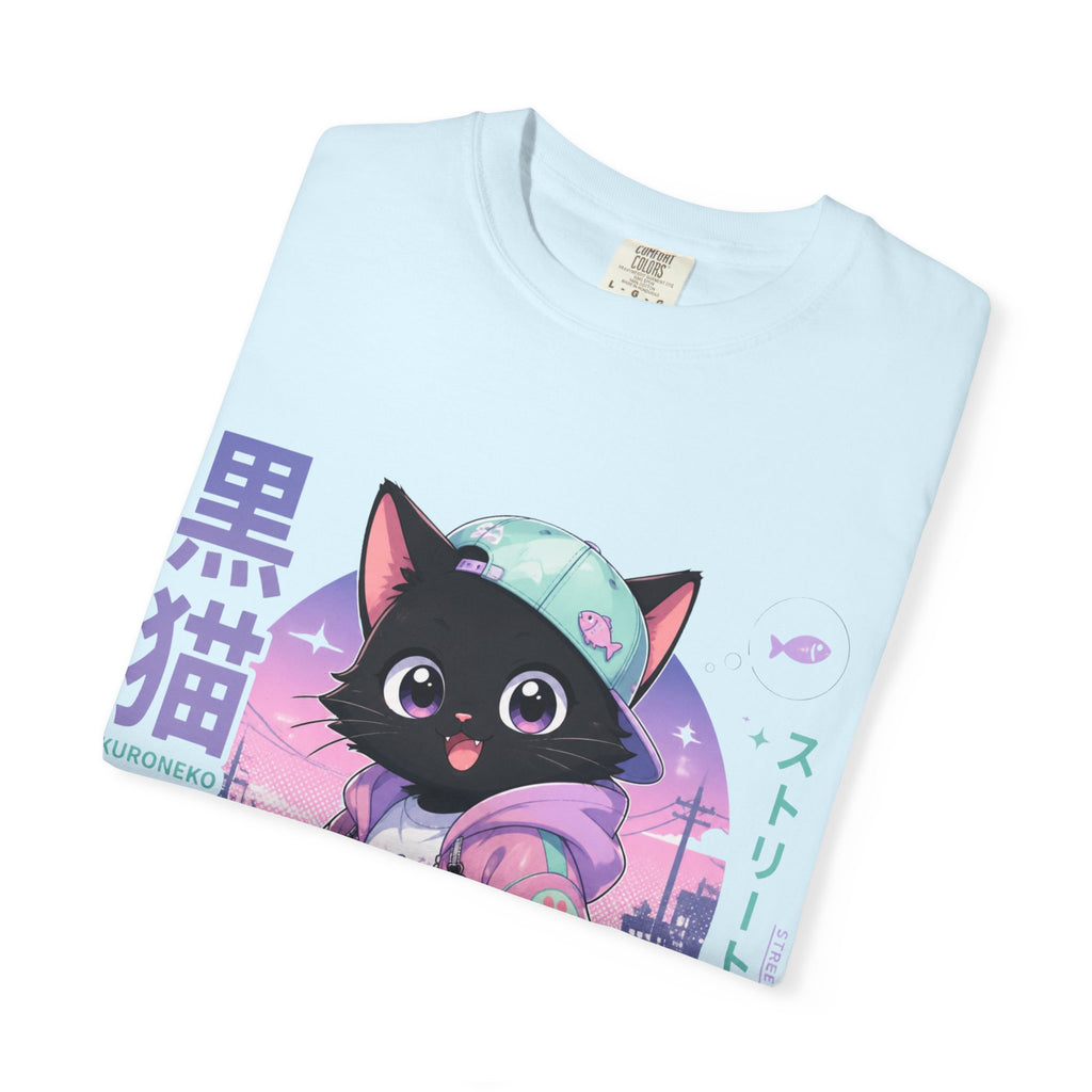Chibi Black Cat Streetwear T-Shirt — Pastel Anime Cityscape (Kanji Accent)