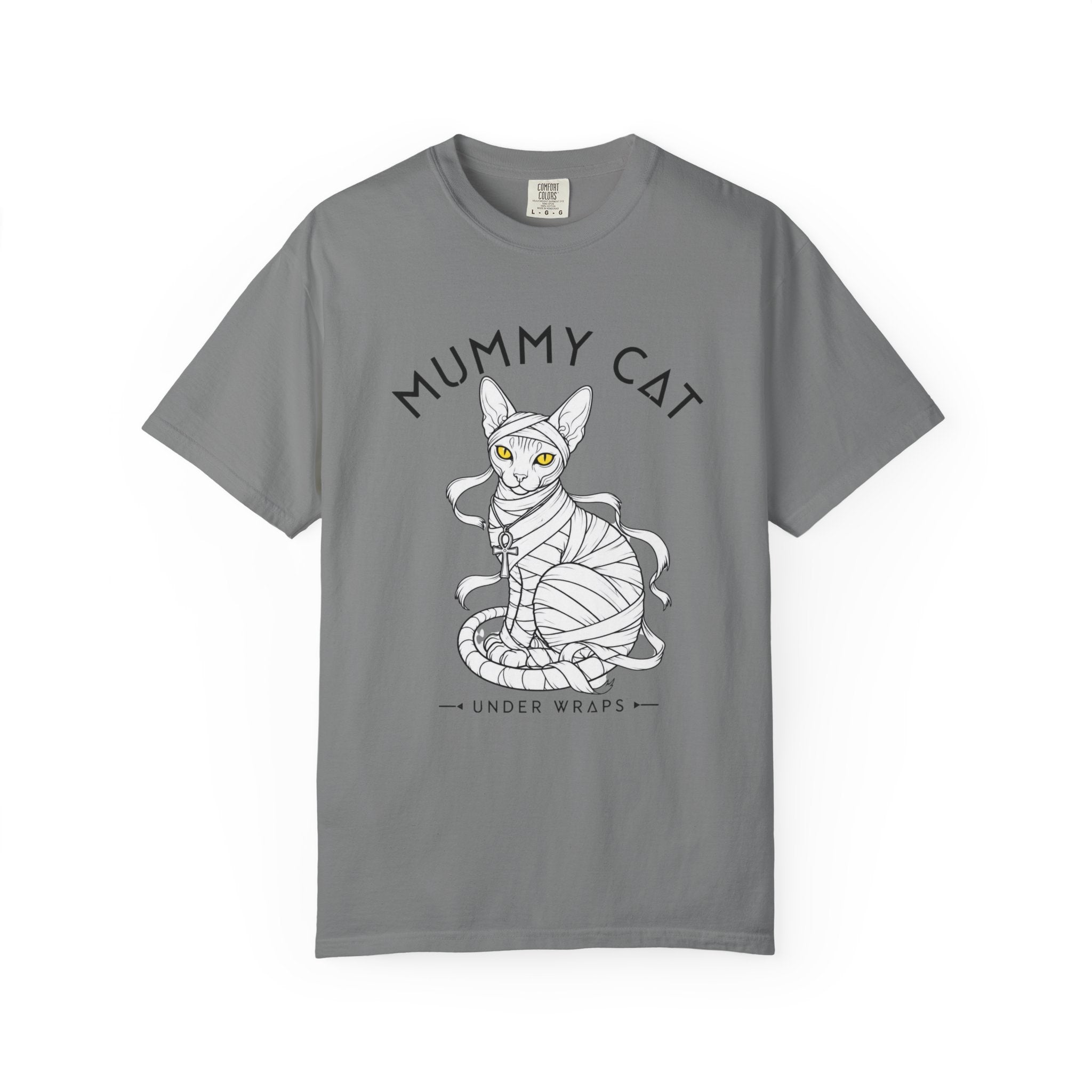 Mummy Cat T-Shirt — Sphynx Mummy Cat with Ankh, "UNDER WRAPS"