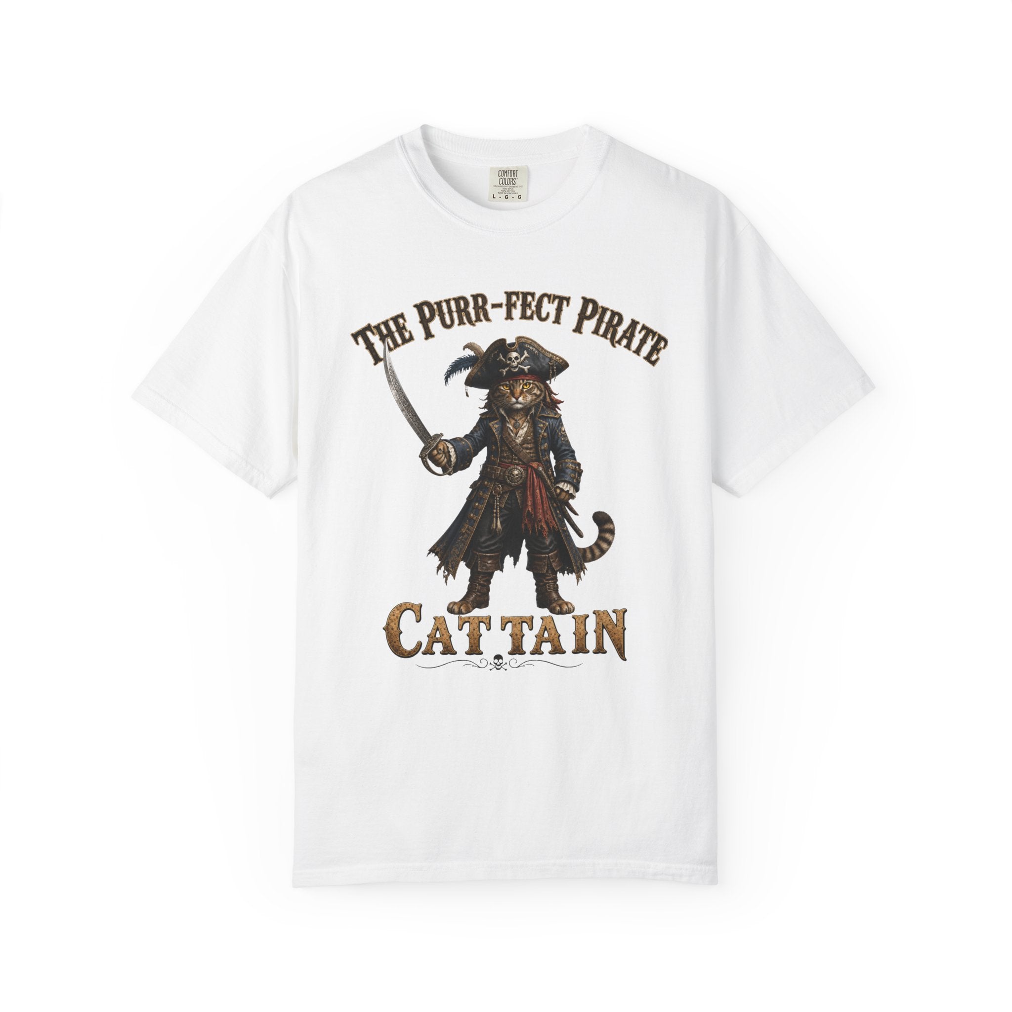 The Purr-fect Pirate Cattain T-Shirt — Tabby Cat Ship Captain Graphic