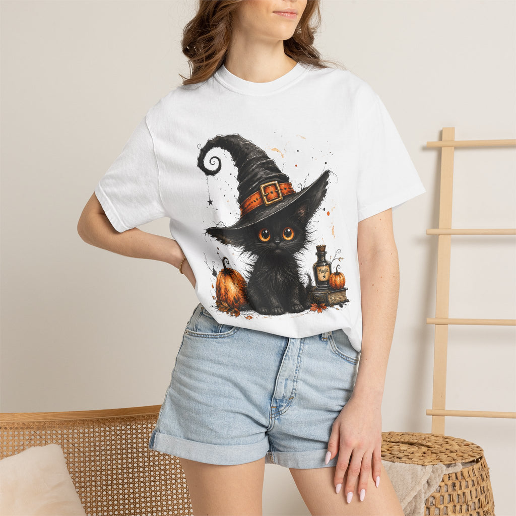 Fluffy Black Kitten Witch T-Shirt — 'Magic' Spellbook Halloween Tee