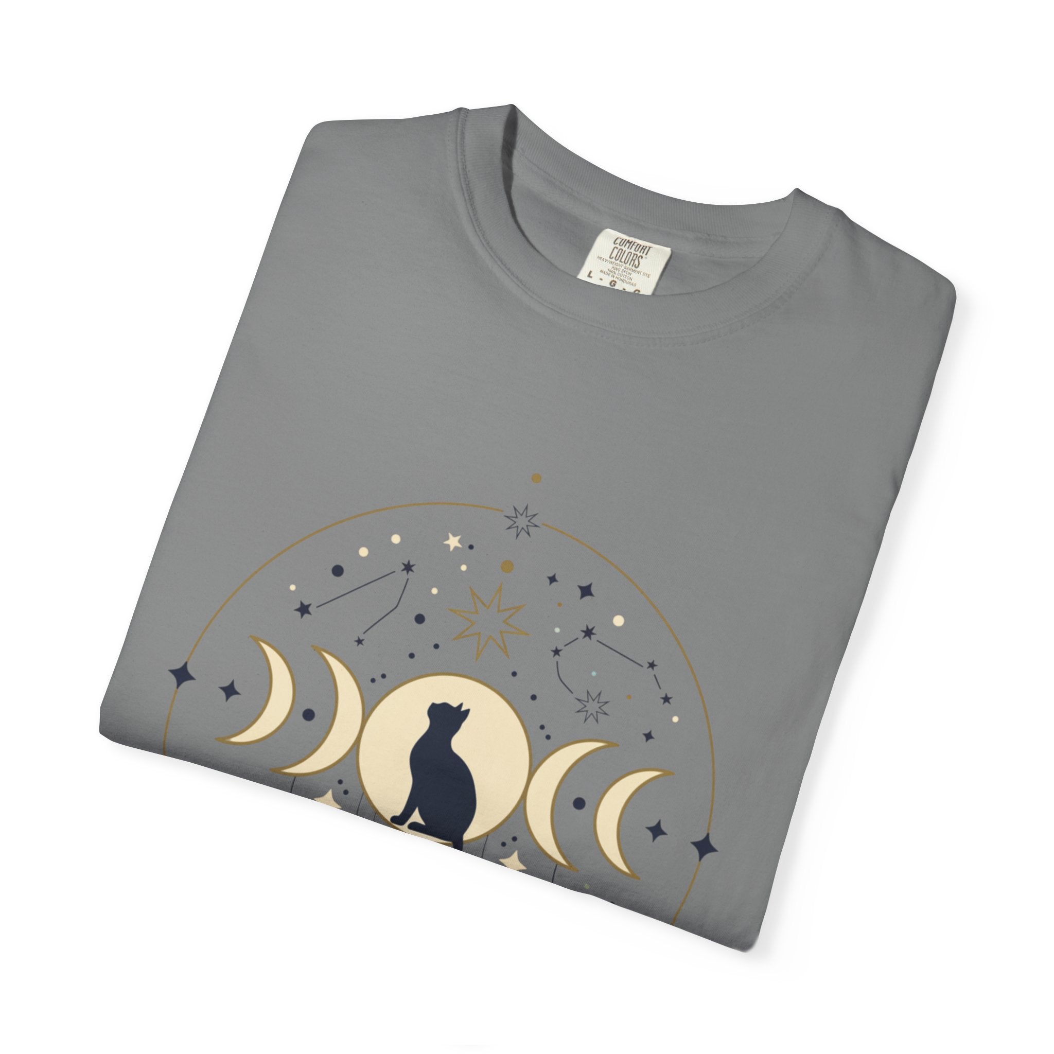 Celestial Cat Moon Phases T-Shirt — Gold & Black Cat Astronomy Tee