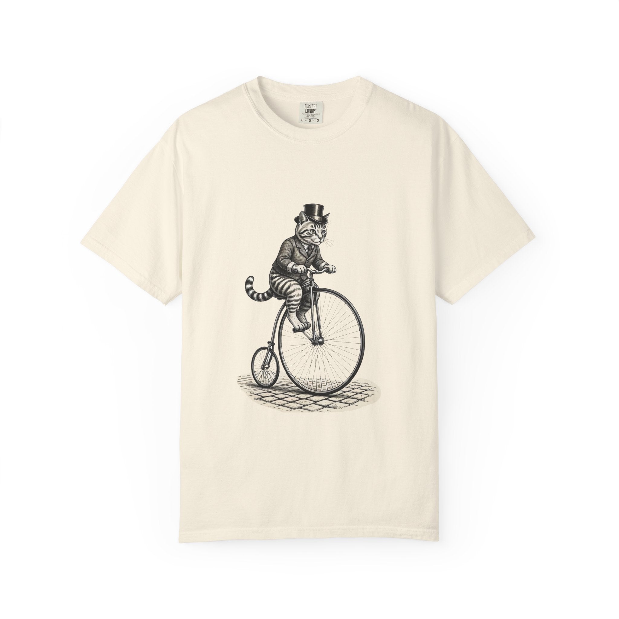 Victorian Dapper Tabby Cat T-Shirt — Penny-Farthing Bicycle Engraving