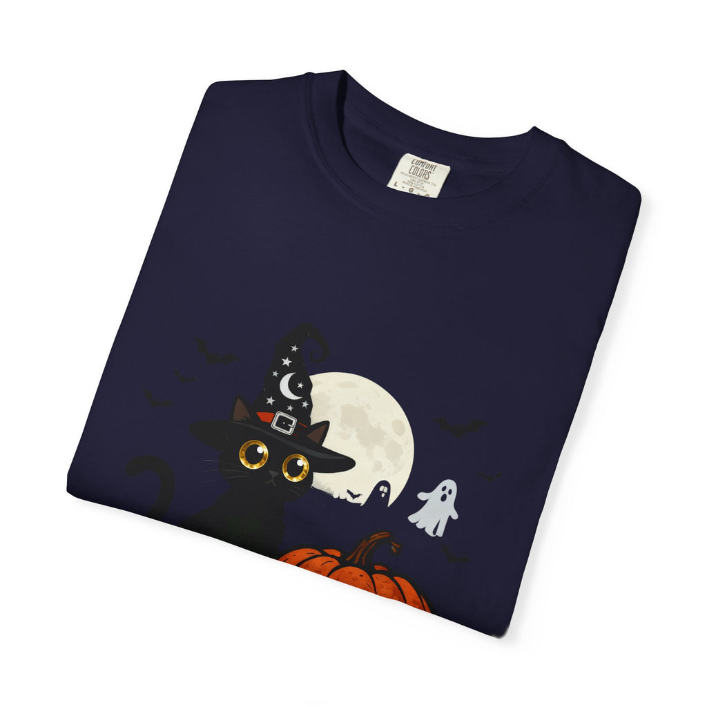 Halloween Black Cat T-Shirt — Cute Witch Hat Pumpkin Moon Design