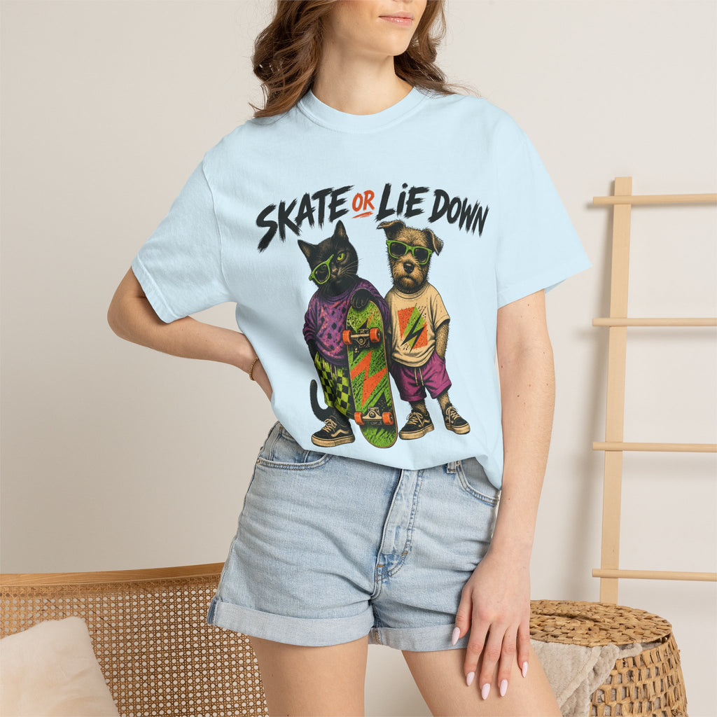 Skate or Lie Down T-Shirt — 90s Retro Skate Cat & Dog Graphic