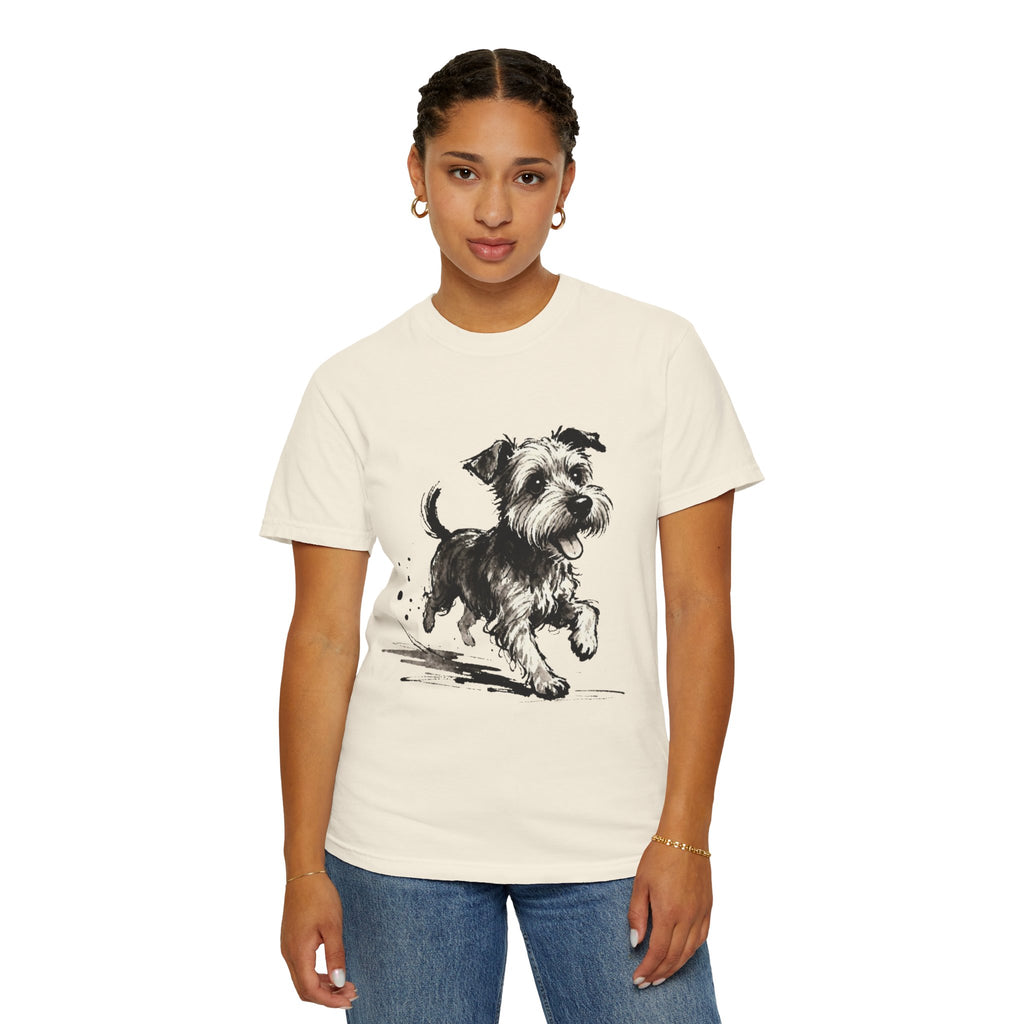 Wire‑Haired Terrier Puppy Running T-Shirt — Energetic Ink Sketch Design