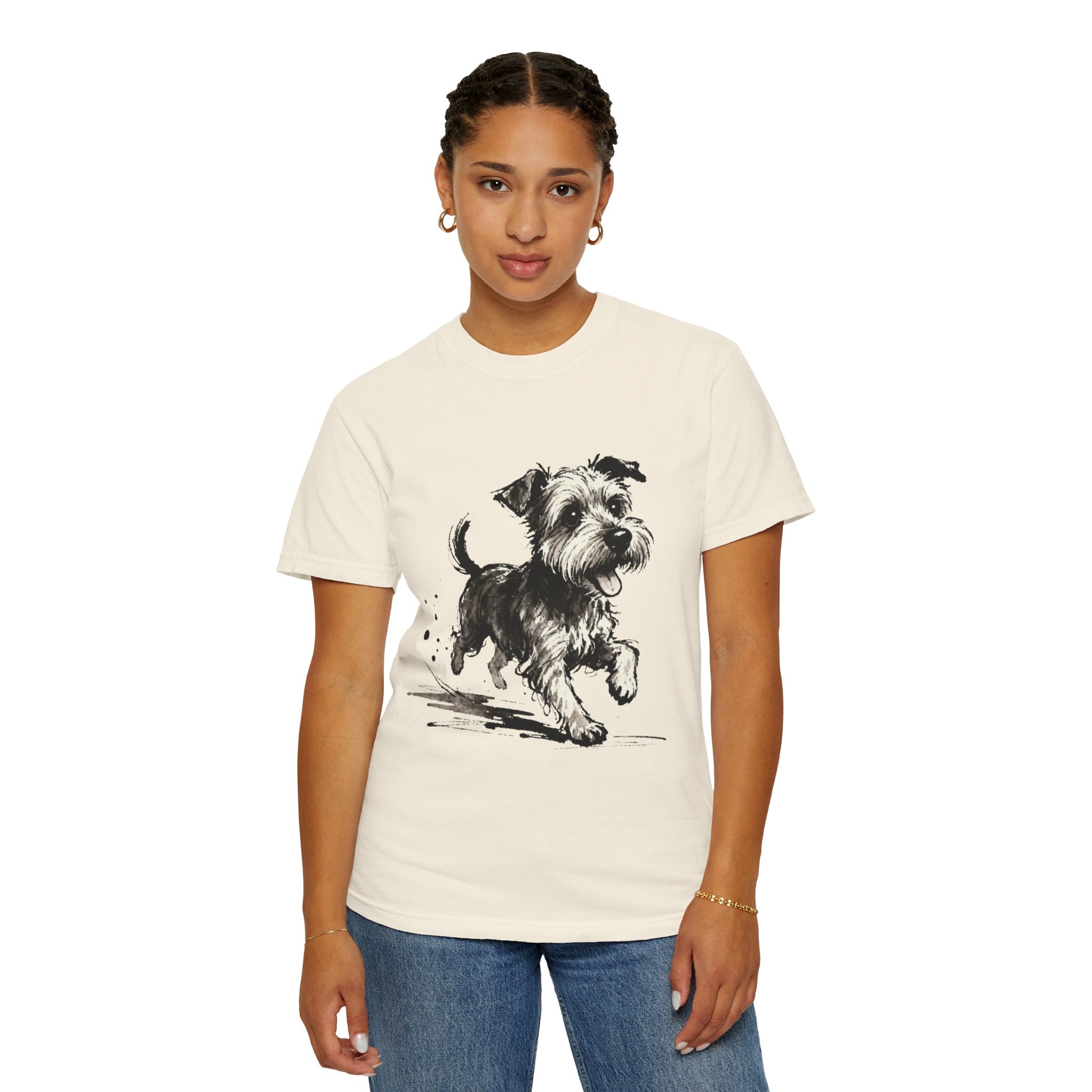 Wire‑Haired Terrier Puppy Running T-Shirt — Energetic Ink Sketch Design