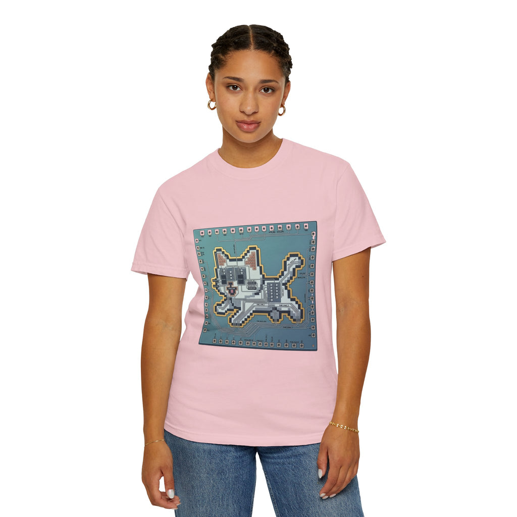Microchip Cat Tech T-Shirt — Pixelated Processor Circuit Design