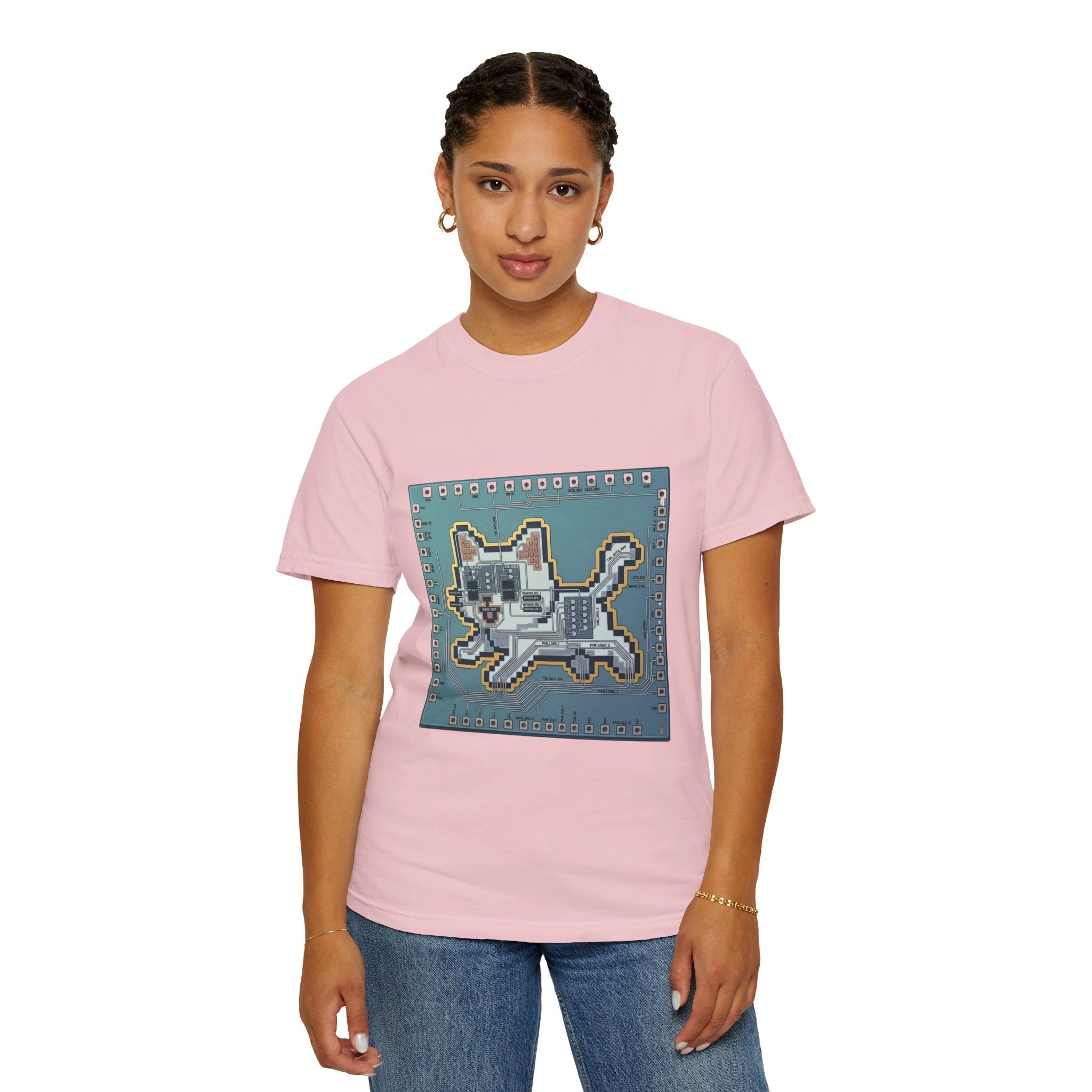Microchip Cat Tech T-Shirt — Pixelated Processor Circuit Design