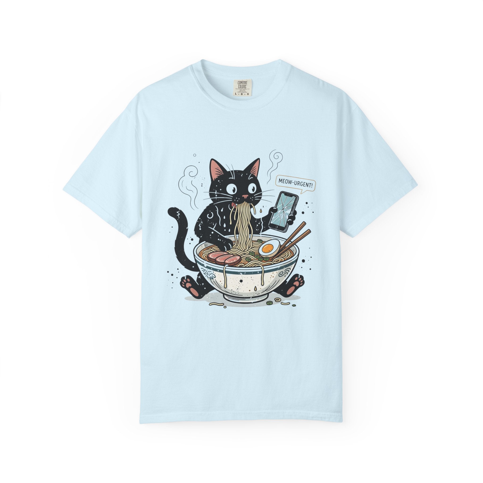 Startled Black Cat Eating Ramen T-Shirt — "MEOW-URGENT!"
