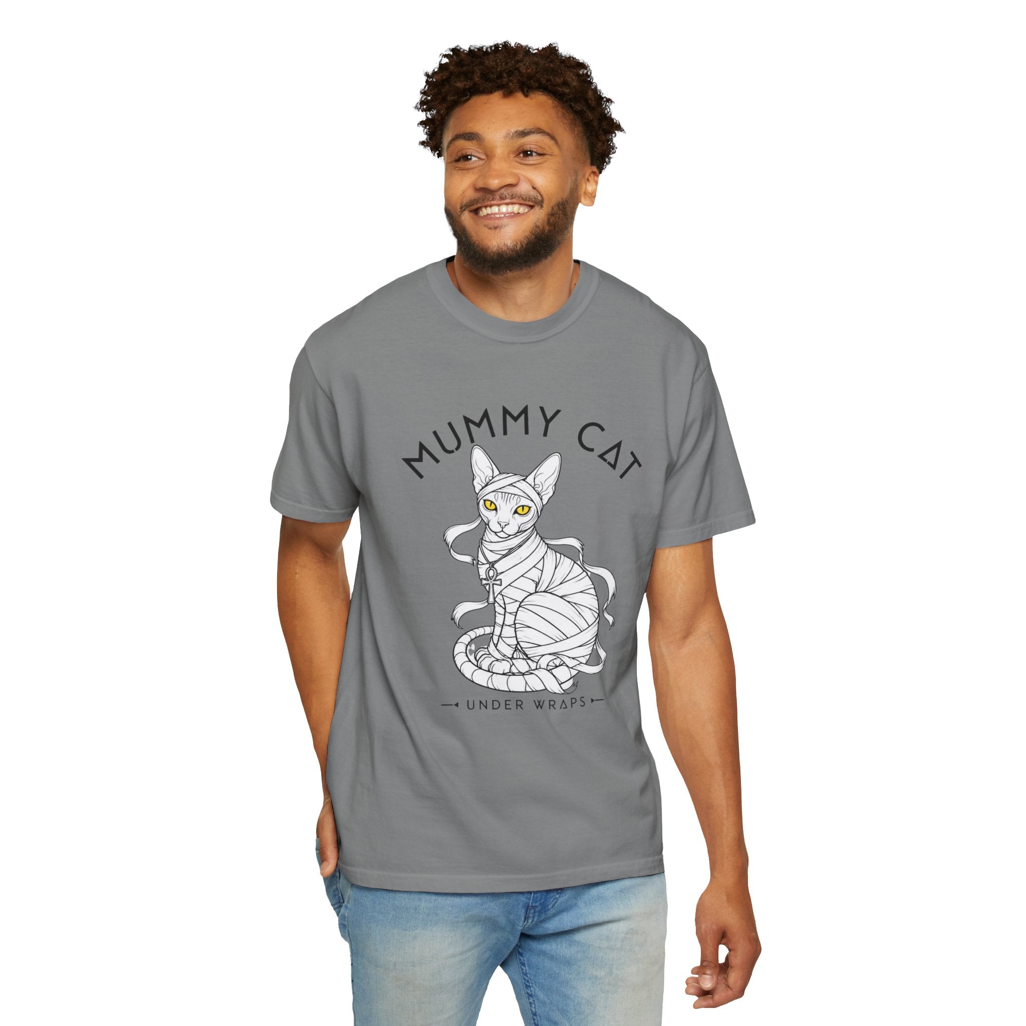 Mummy Cat T-Shirt — Sphynx Mummy Cat with Ankh, "UNDER WRAPS"