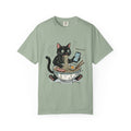 Startled Black Cat Eating Ramen T-Shirt — "MEOW-URGENT!"